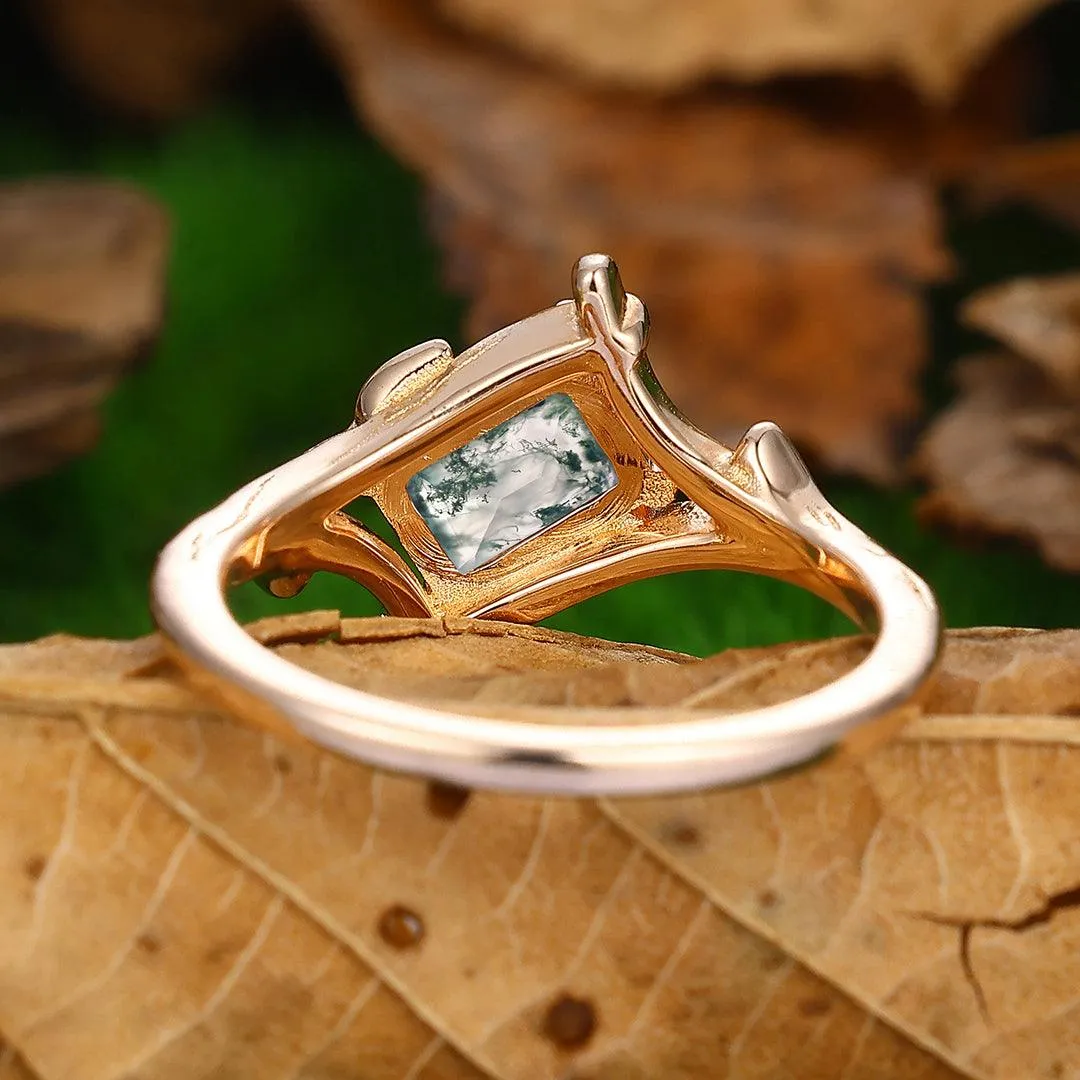 1 Carat Vintage Natural Moss Agate Wedding Promise Ring Antique Bridal Ring Leaf Branch Ring