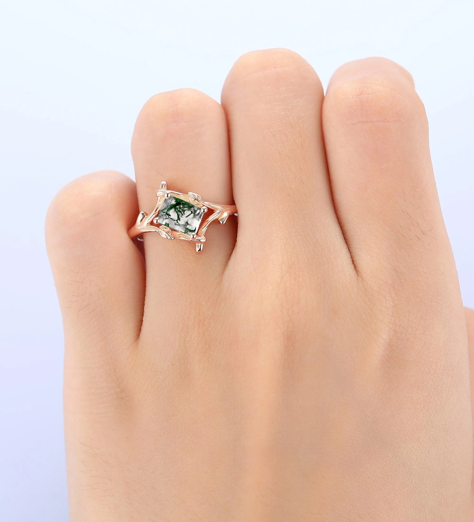 1 Carat Vintage Natural Moss Agate Wedding Promise Ring Antique Bridal Ring Leaf Branch Ring