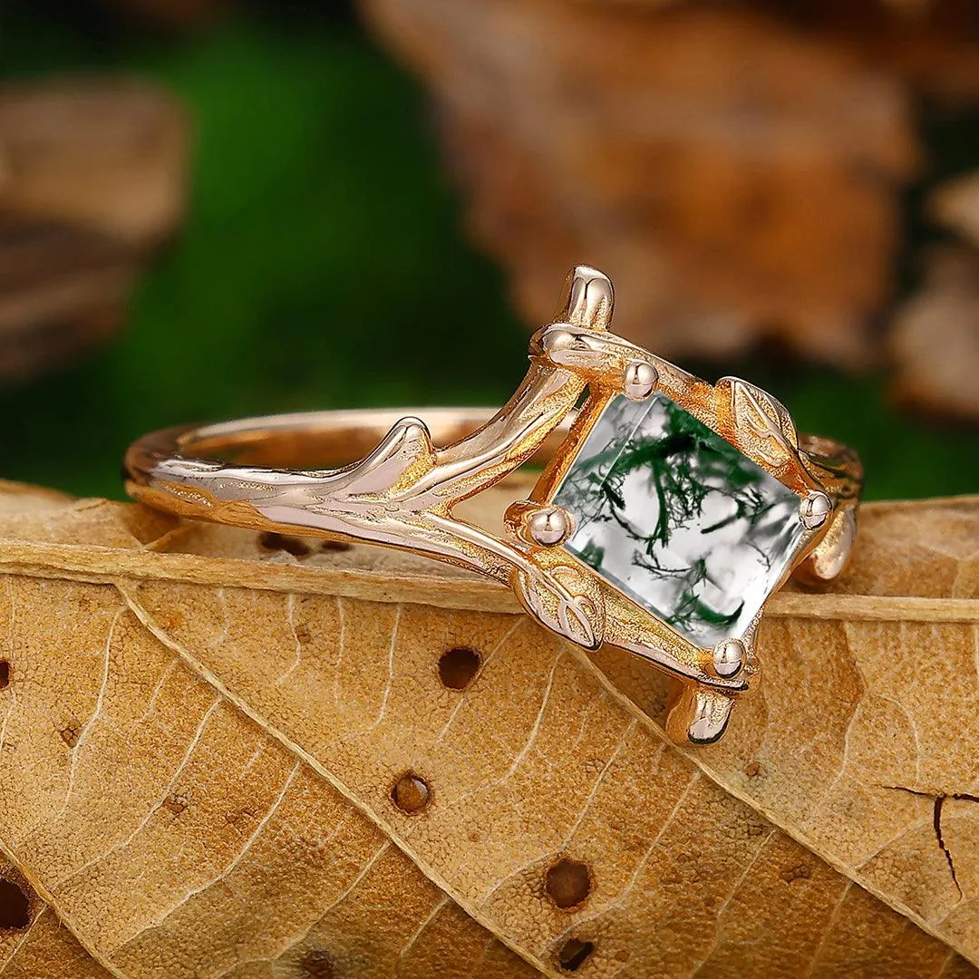 1 Carat Vintage Natural Moss Agate Wedding Promise Ring Antique Bridal Ring Leaf Branch Ring