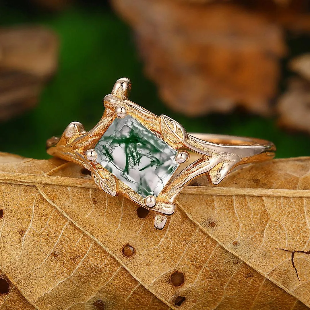 1 Carat Vintage Natural Moss Agate Wedding Promise Ring Antique Bridal Ring Leaf Branch Ring