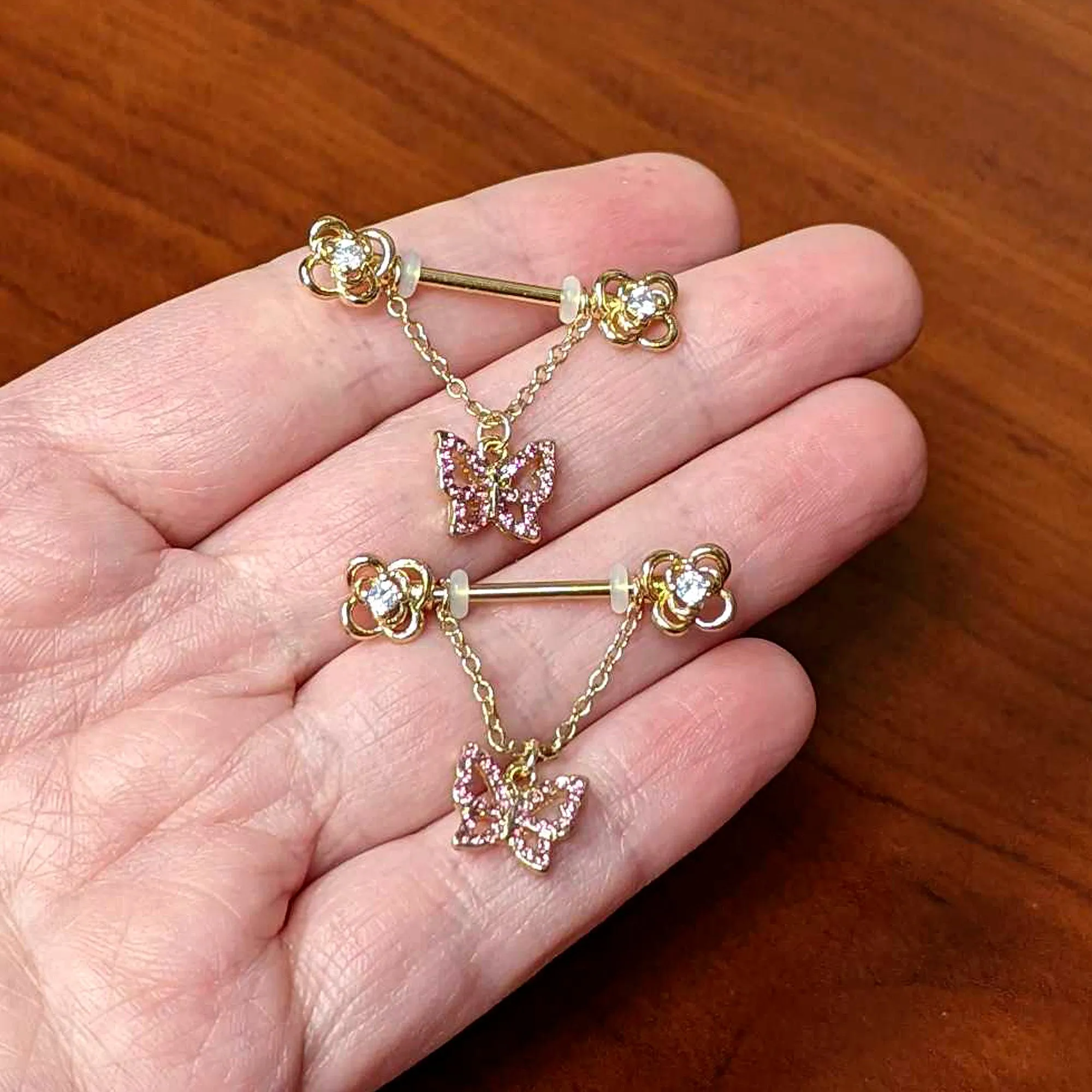 14 Gauge 5/8 Pink Gem Gold Hue Simple Butterfly Dangle Nipple Ring Set