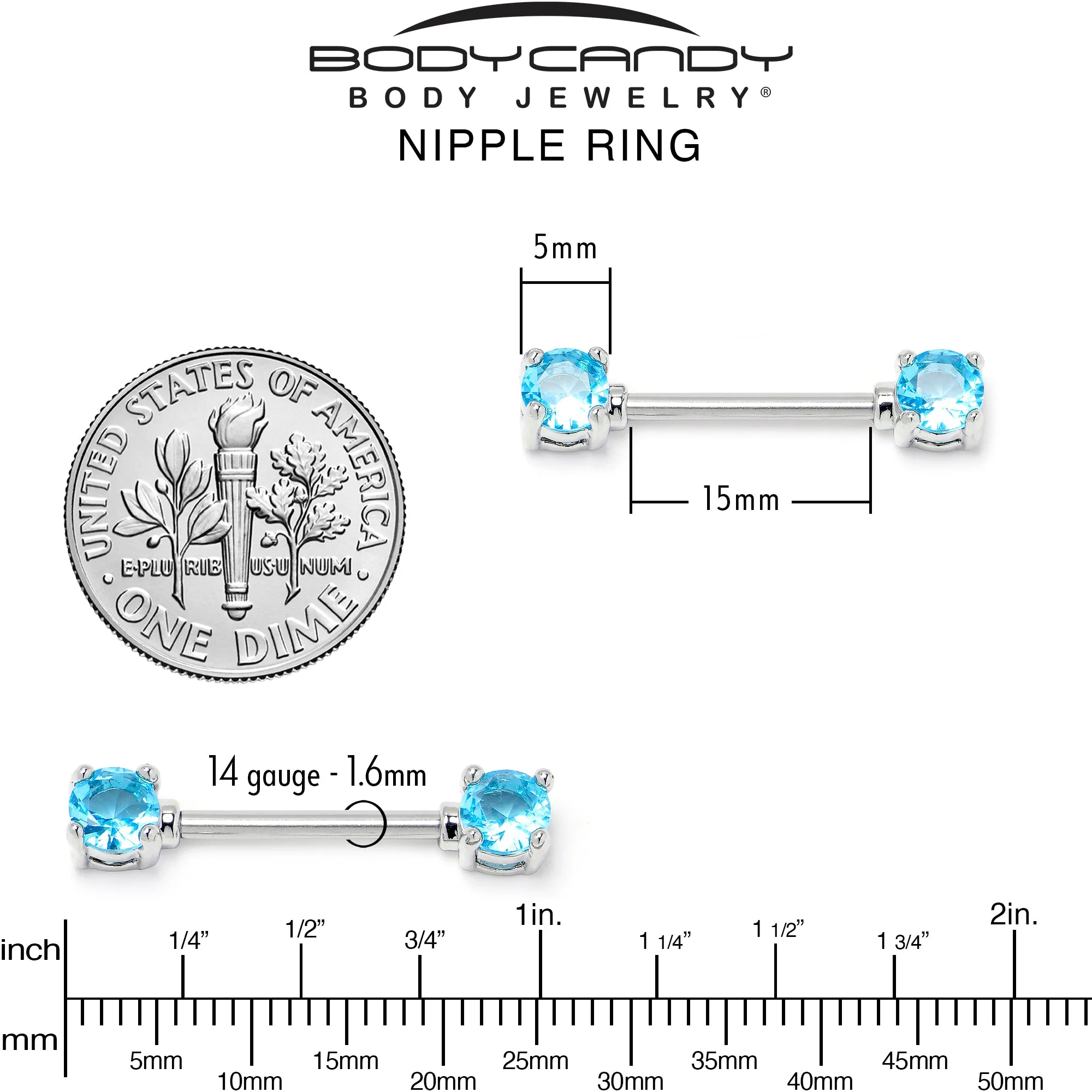 14 Gauge 9/16 Blue CZ Gem Love Forward Facing Barbell Nipple Ring Set