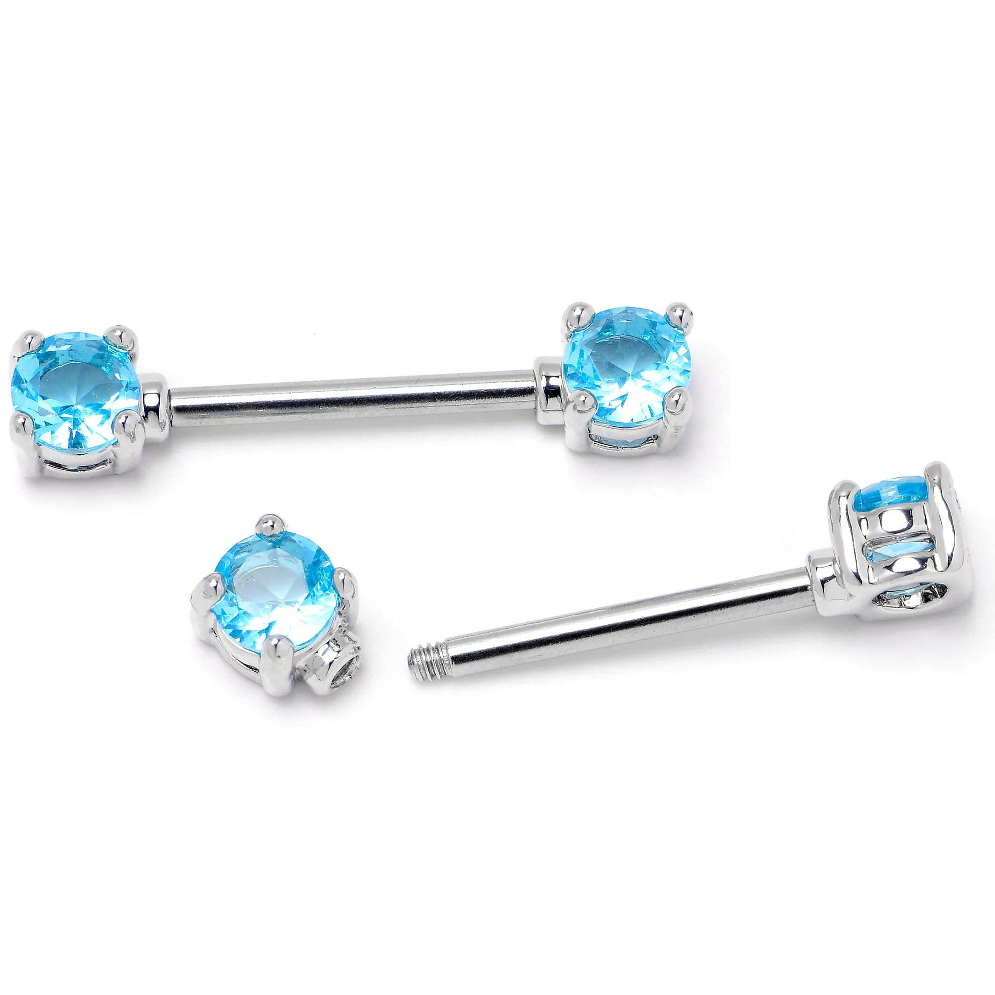 14 Gauge 9/16 Blue CZ Gem Love Forward Facing Barbell Nipple Ring Set