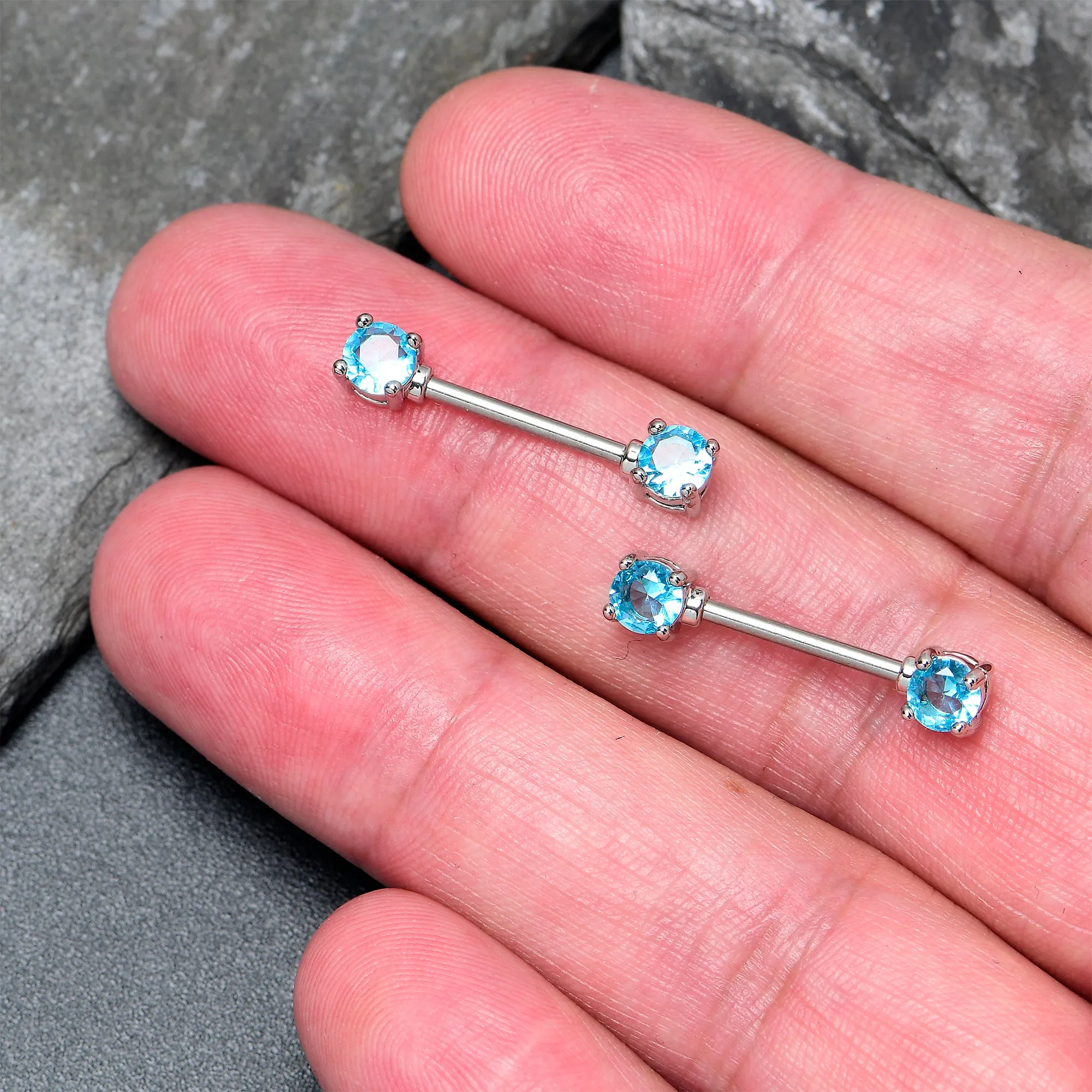 14 Gauge 9/16 Blue CZ Gem Love Forward Facing Barbell Nipple Ring Set