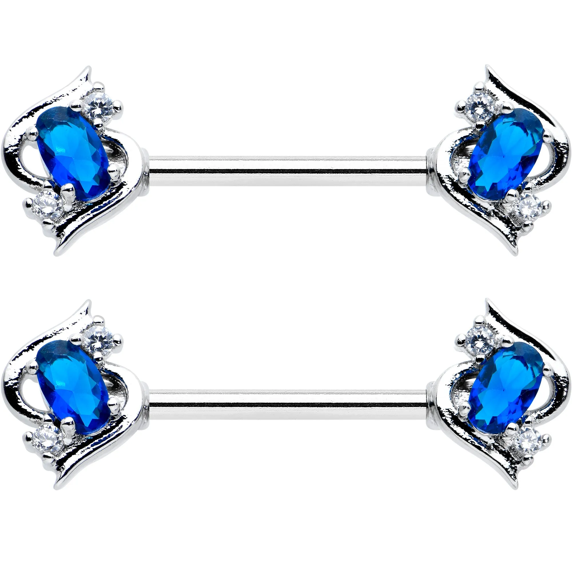 14 Gauge 9/16 Clear Blue Gem Oval Swirl Barbell Nipple Ring Set
