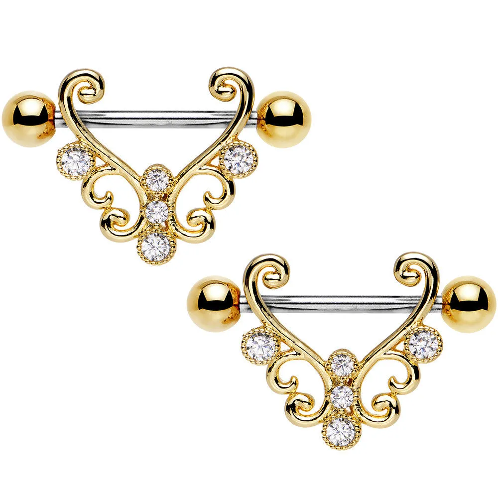 14 Gauge 9/16 Clear CZ Stainless Steel Art Deco Nipple Shield Set