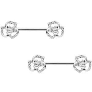 14 Gauge 9/16 Clear Gem Full Flower Barbell Nipple Ring Set