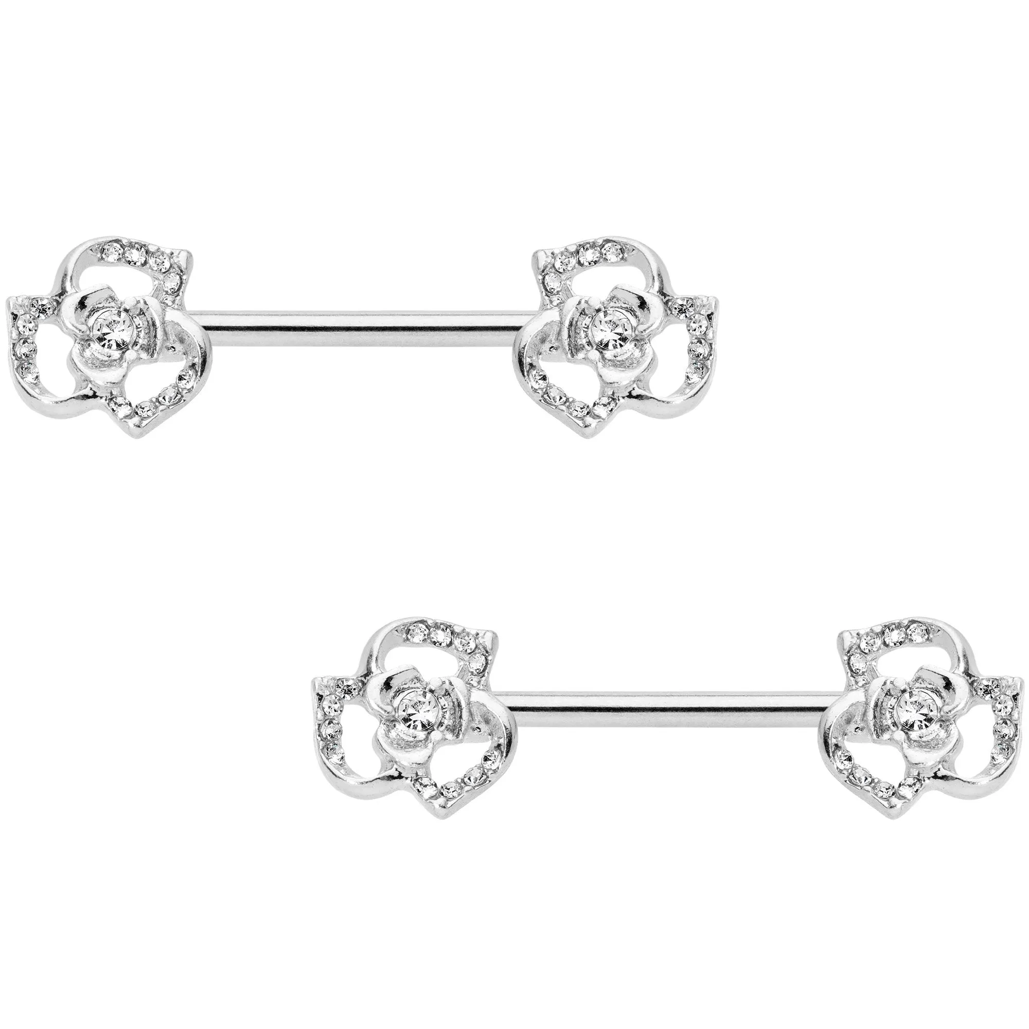 14 Gauge 9/16 Clear Gem Full Flower Barbell Nipple Ring Set