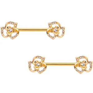 14 Gauge 9/16 Clear Gem Gold Tone Full Flower Barbell Nipple Ring Set