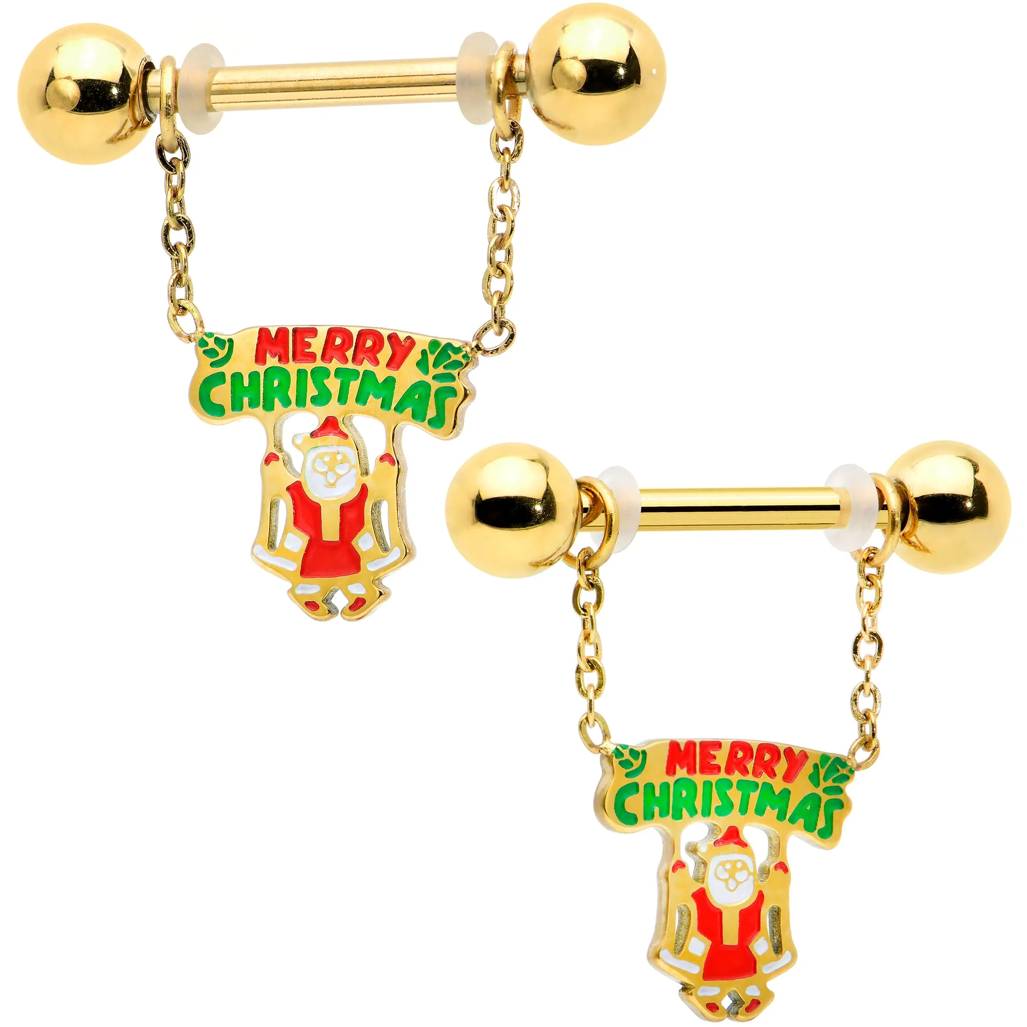 14 Gauge 9/16 Gold Tone Santa Merry Christmas Dangle Nipple Ring Set