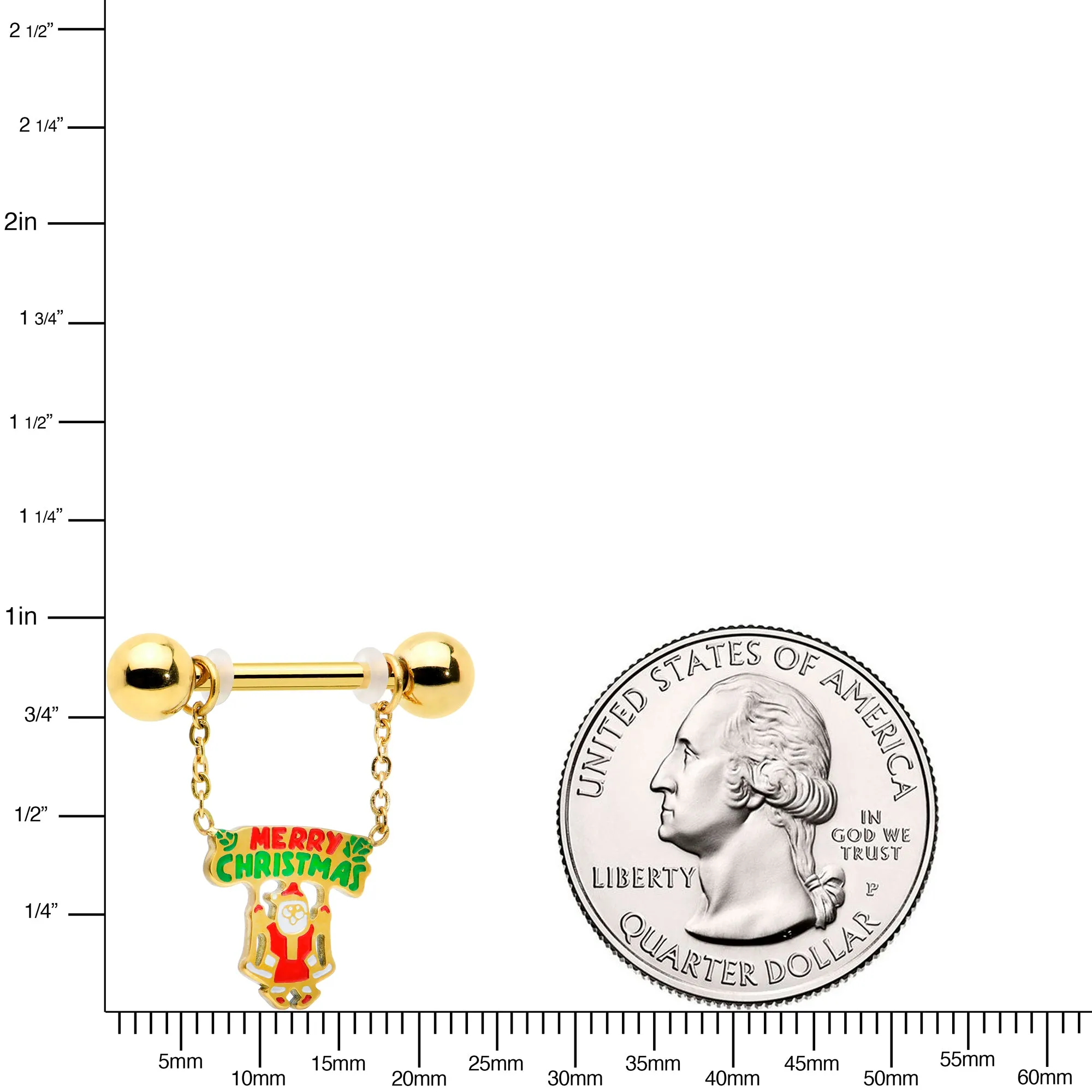 14 Gauge 9/16 Gold Tone Santa Merry Christmas Dangle Nipple Ring Set