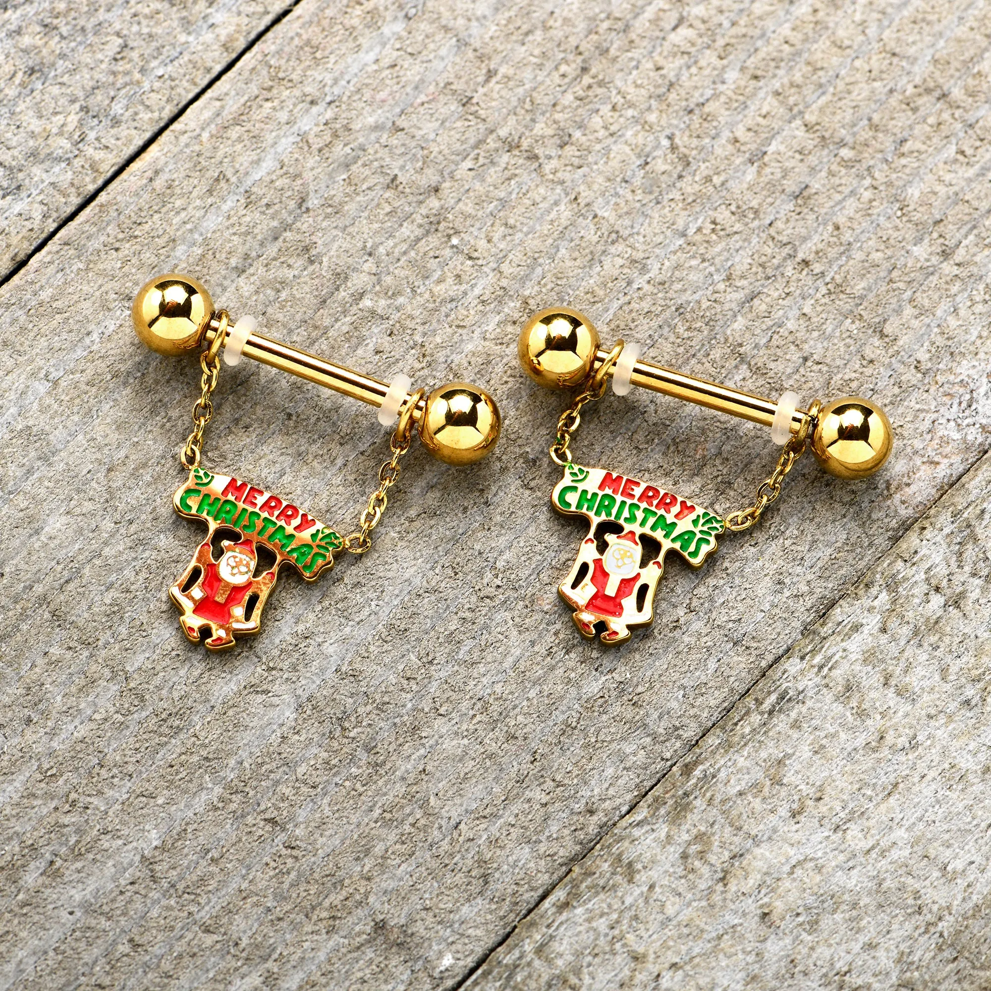 14 Gauge 9/16 Gold Tone Santa Merry Christmas Dangle Nipple Ring Set