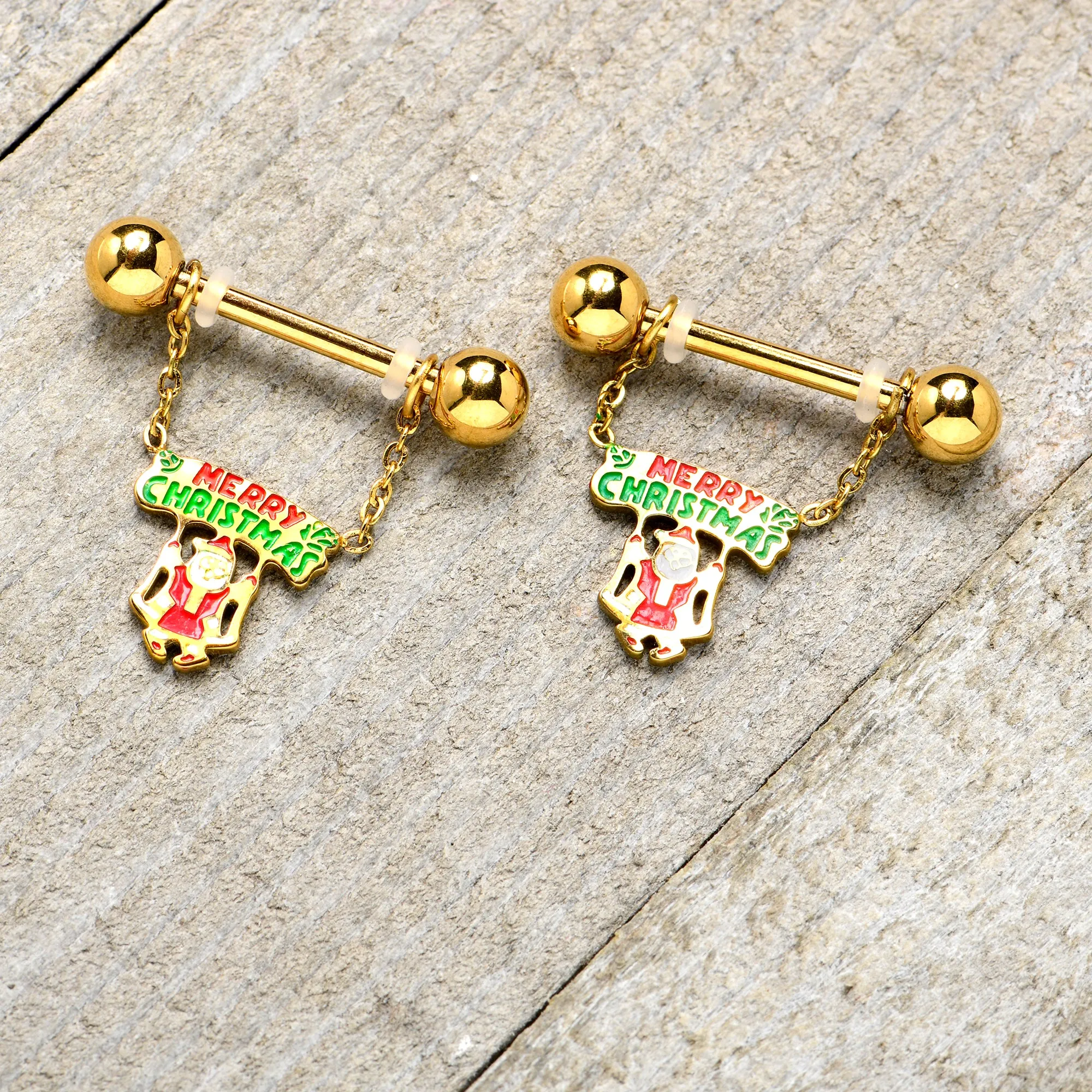 14 Gauge 9/16 Gold Tone Santa Merry Christmas Dangle Nipple Ring Set