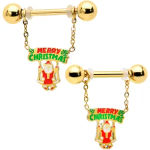 14 Gauge 9/16 Gold Tone Santa Merry Christmas Dangle Nipple Ring Set