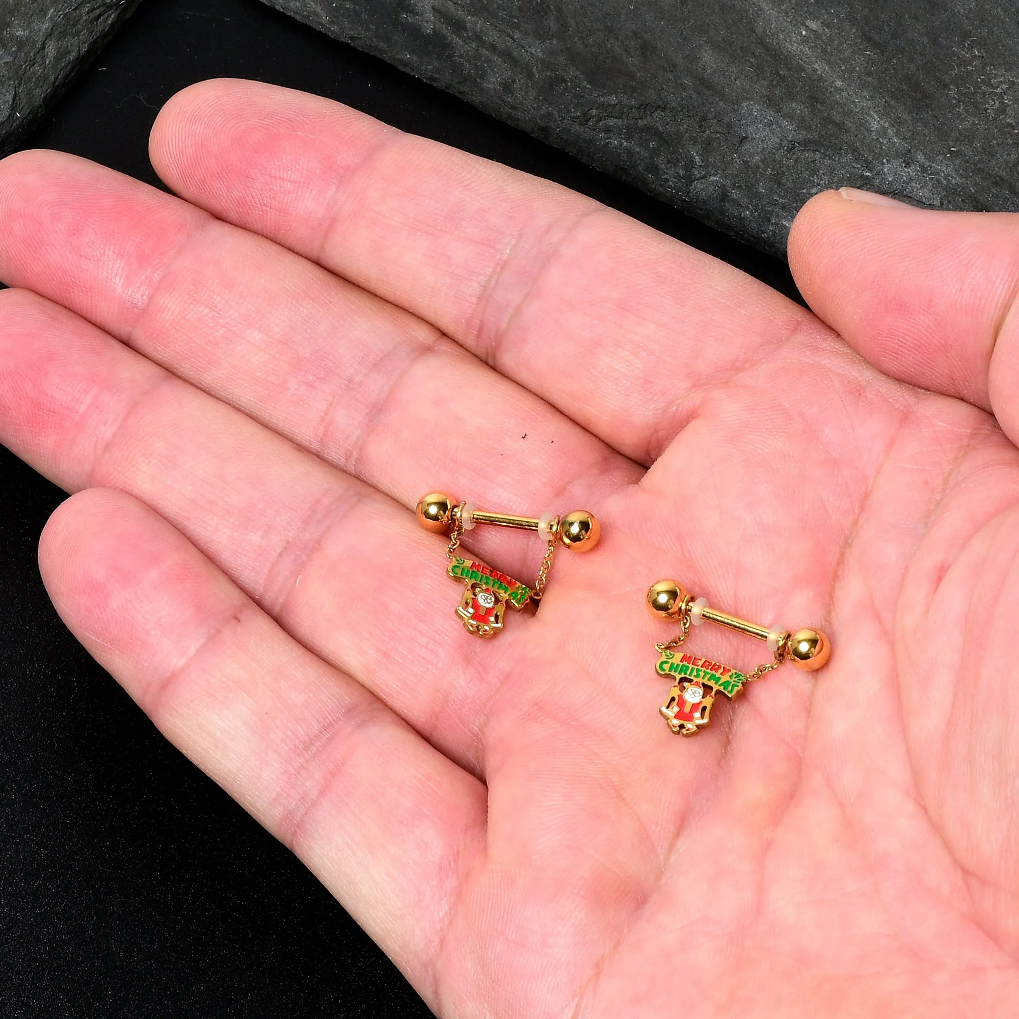 14 Gauge 9/16 Gold Tone Santa Merry Christmas Dangle Nipple Ring Set