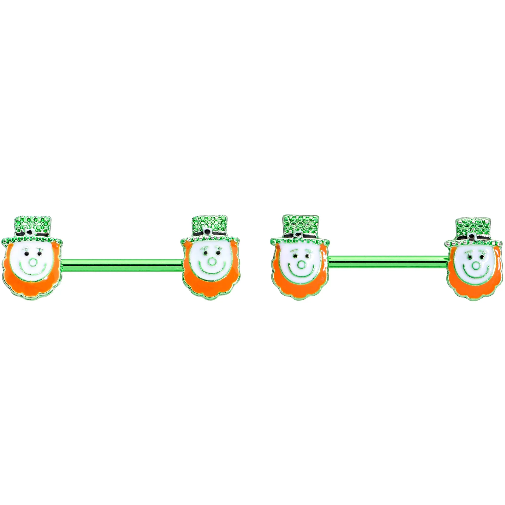 14 Gauge 9/16 Green Gem Leprechaun St Patricks Day Nipple Ring Set
