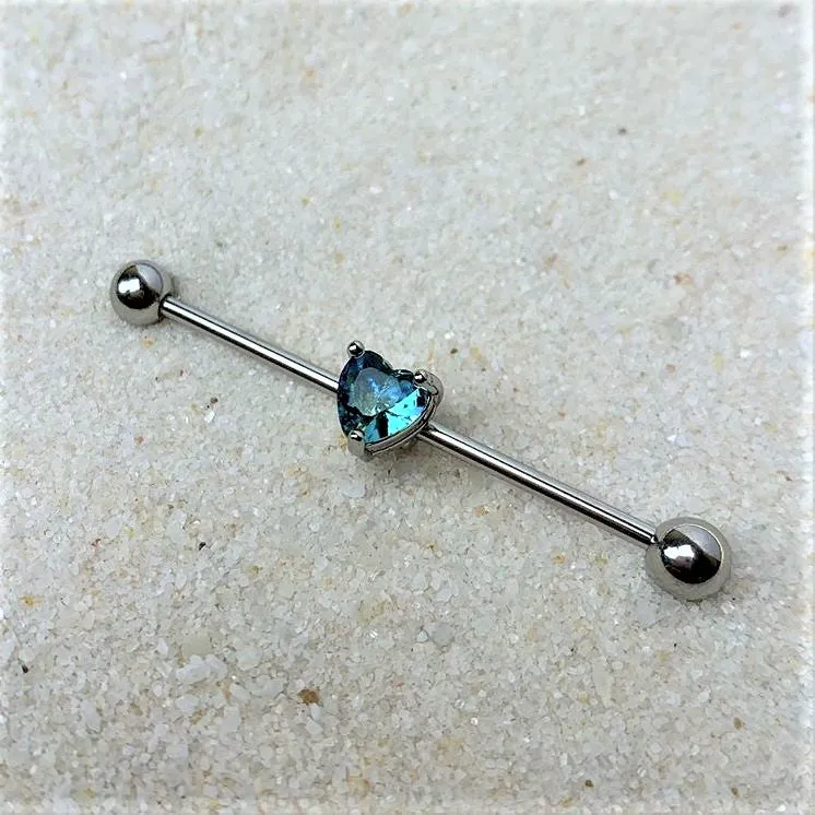 14 Gauge Blue Green Gem Faceted Heart Industrial Barbell 38mm