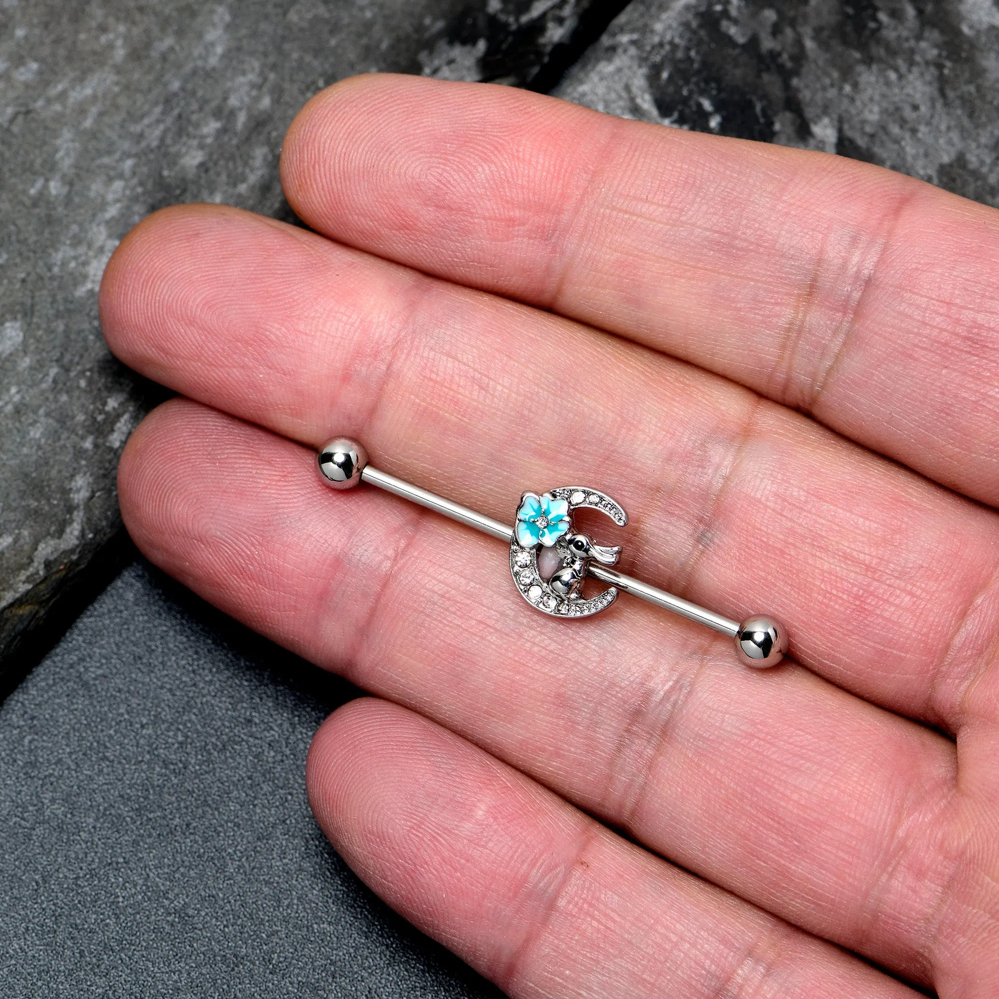14 Gauge Clear Gem Rabbit On Moon Flower Blue Industrial Barbell 38mm