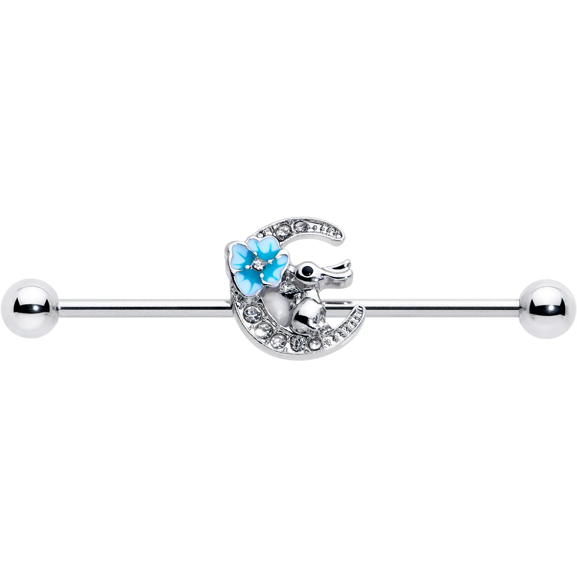 14 Gauge Clear Gem Rabbit On Moon Flower Blue Industrial Barbell 38mm