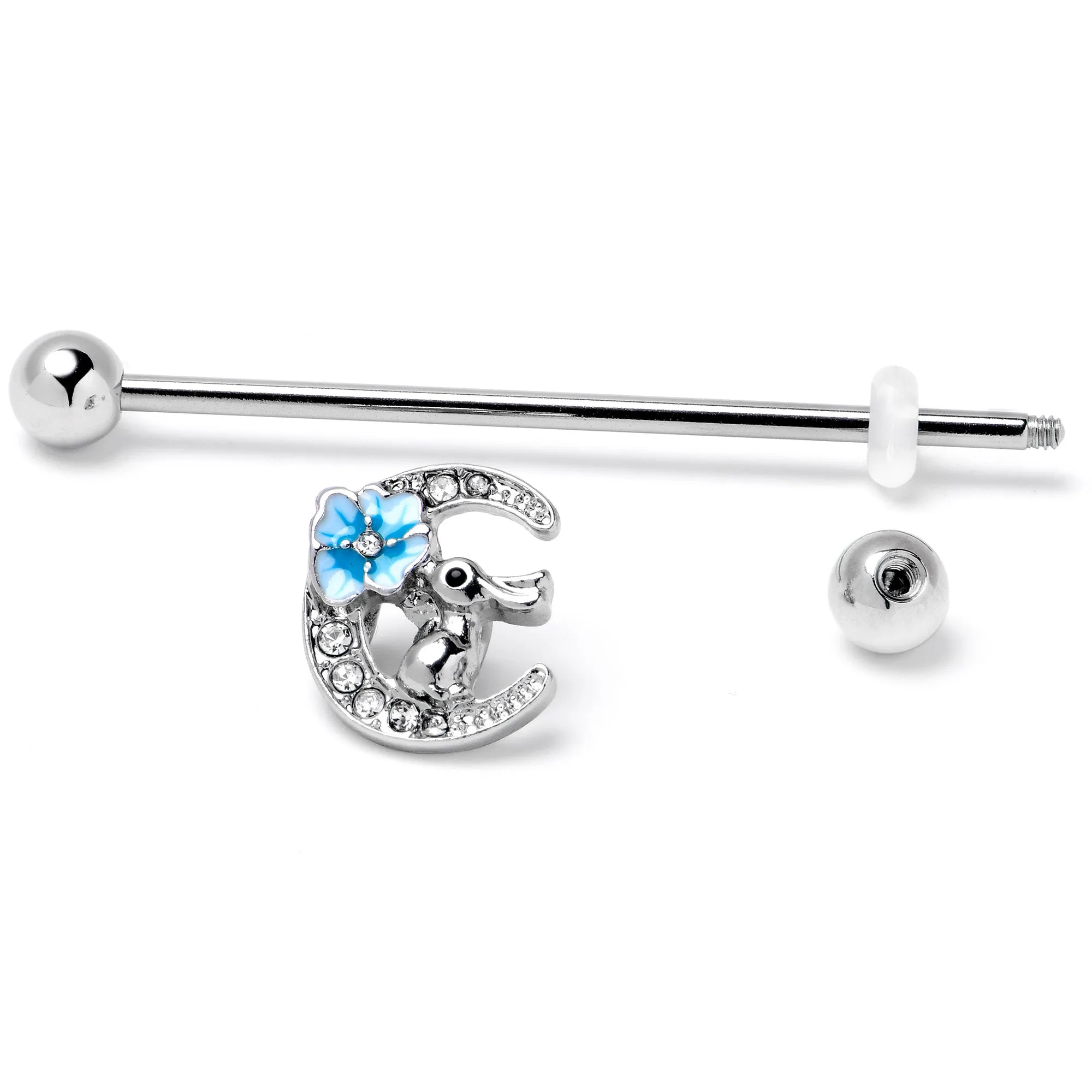 14 Gauge Clear Gem Rabbit On Moon Flower Blue Industrial Barbell 38mm