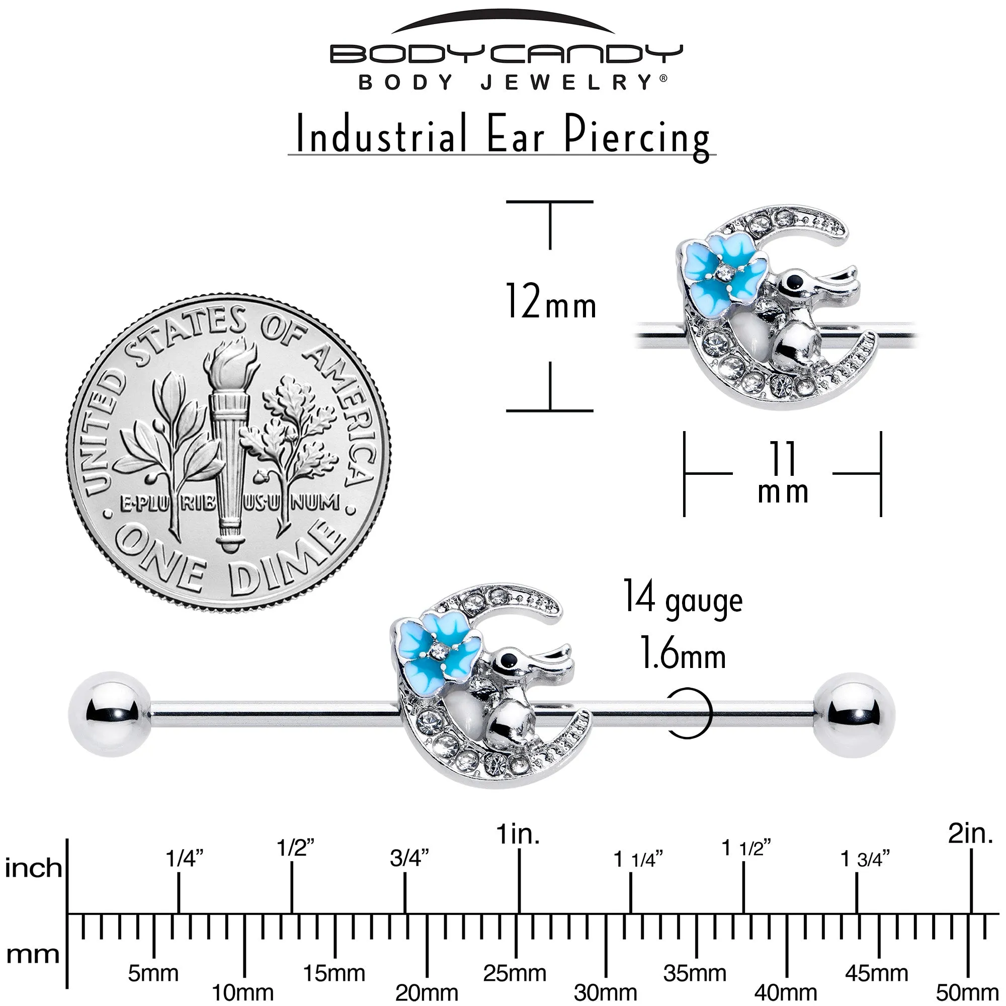 14 Gauge Clear Gem Rabbit On Moon Flower Blue Industrial Barbell 38mm