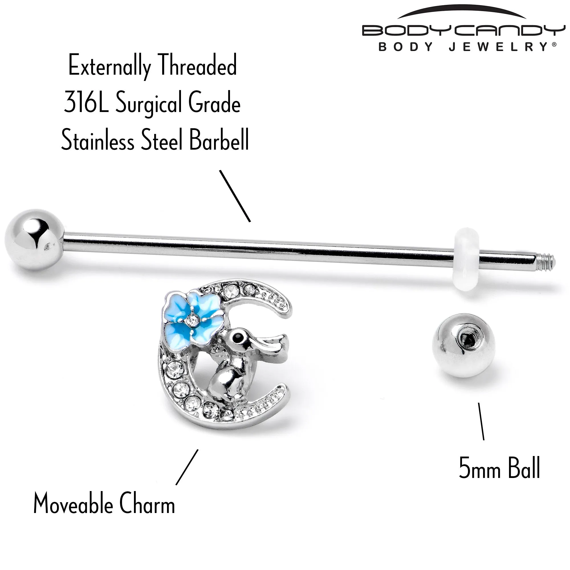 14 Gauge Clear Gem Rabbit On Moon Flower Blue Industrial Barbell 38mm