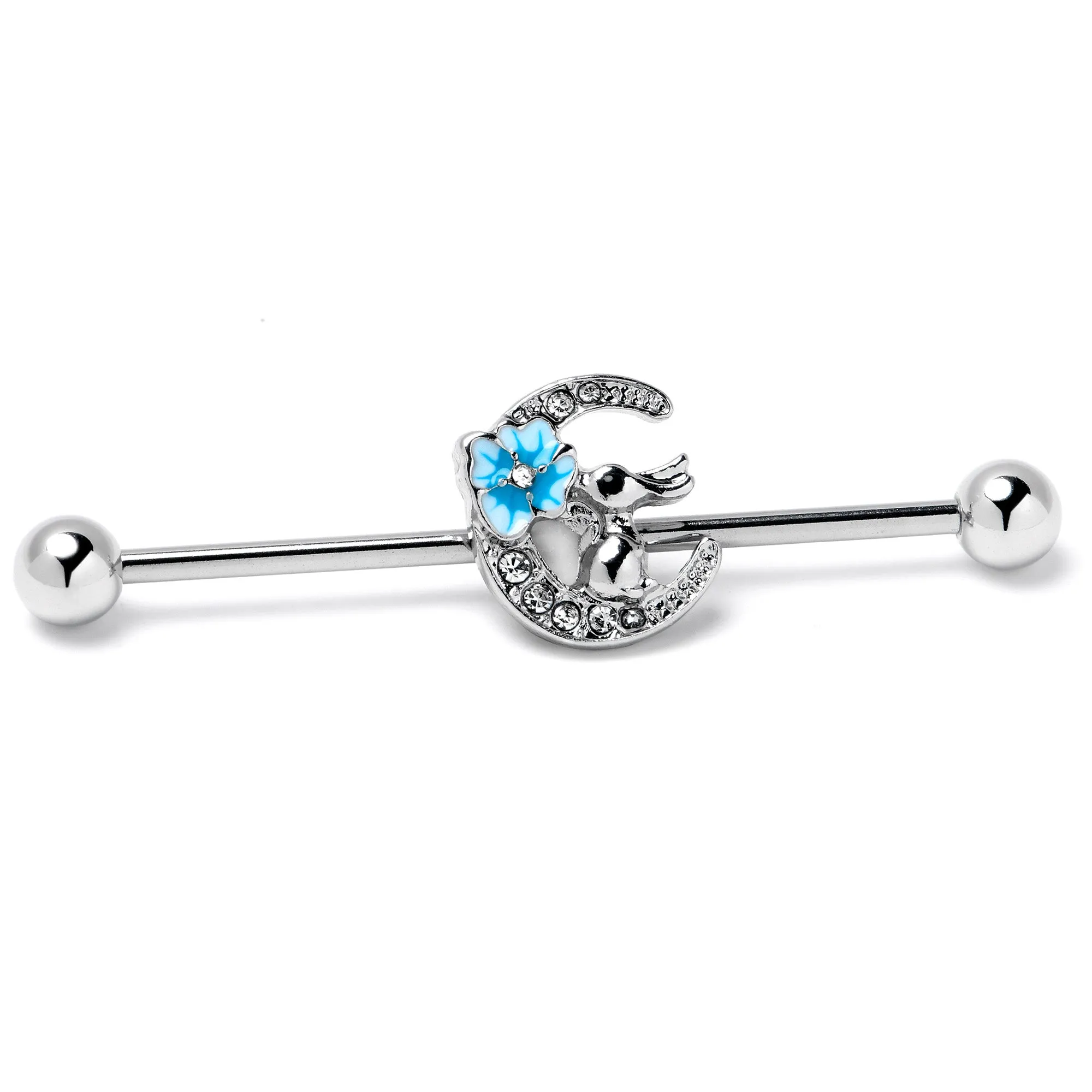 14 Gauge Clear Gem Rabbit On Moon Flower Blue Industrial Barbell 38mm