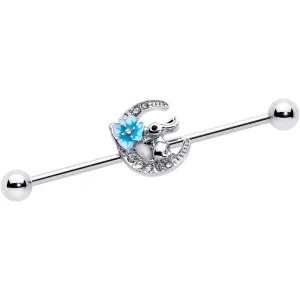 14 Gauge Clear Gem Rabbit On Moon Flower Blue Industrial Barbell 38mm