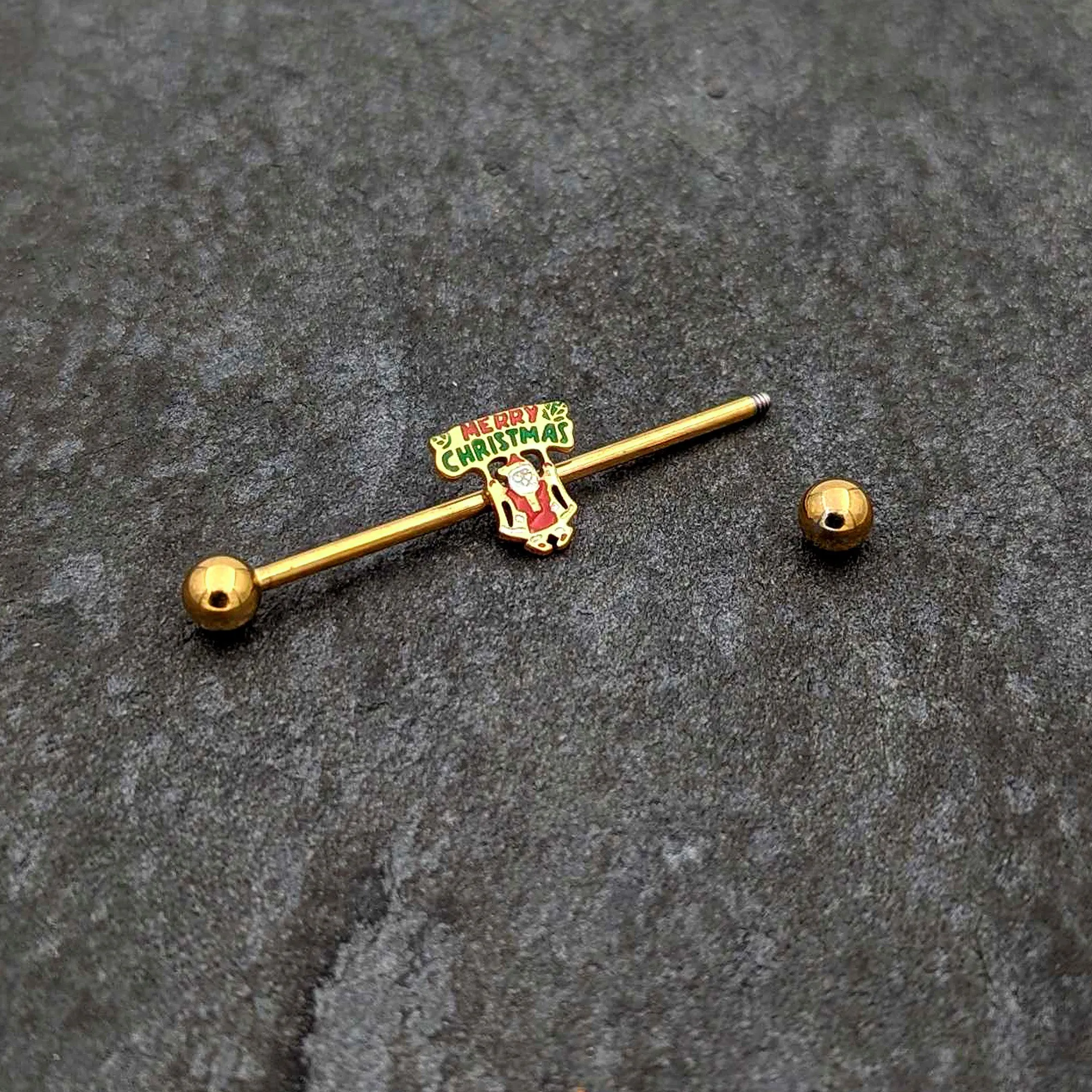 14 Gauge Gold Hue Merry Christmas Santa Inlaid Industrial Barbell 38mm