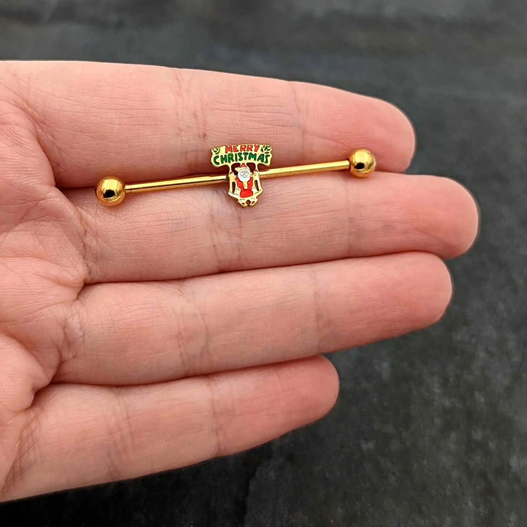 14 Gauge Gold Hue Merry Christmas Santa Inlaid Industrial Barbell 38mm