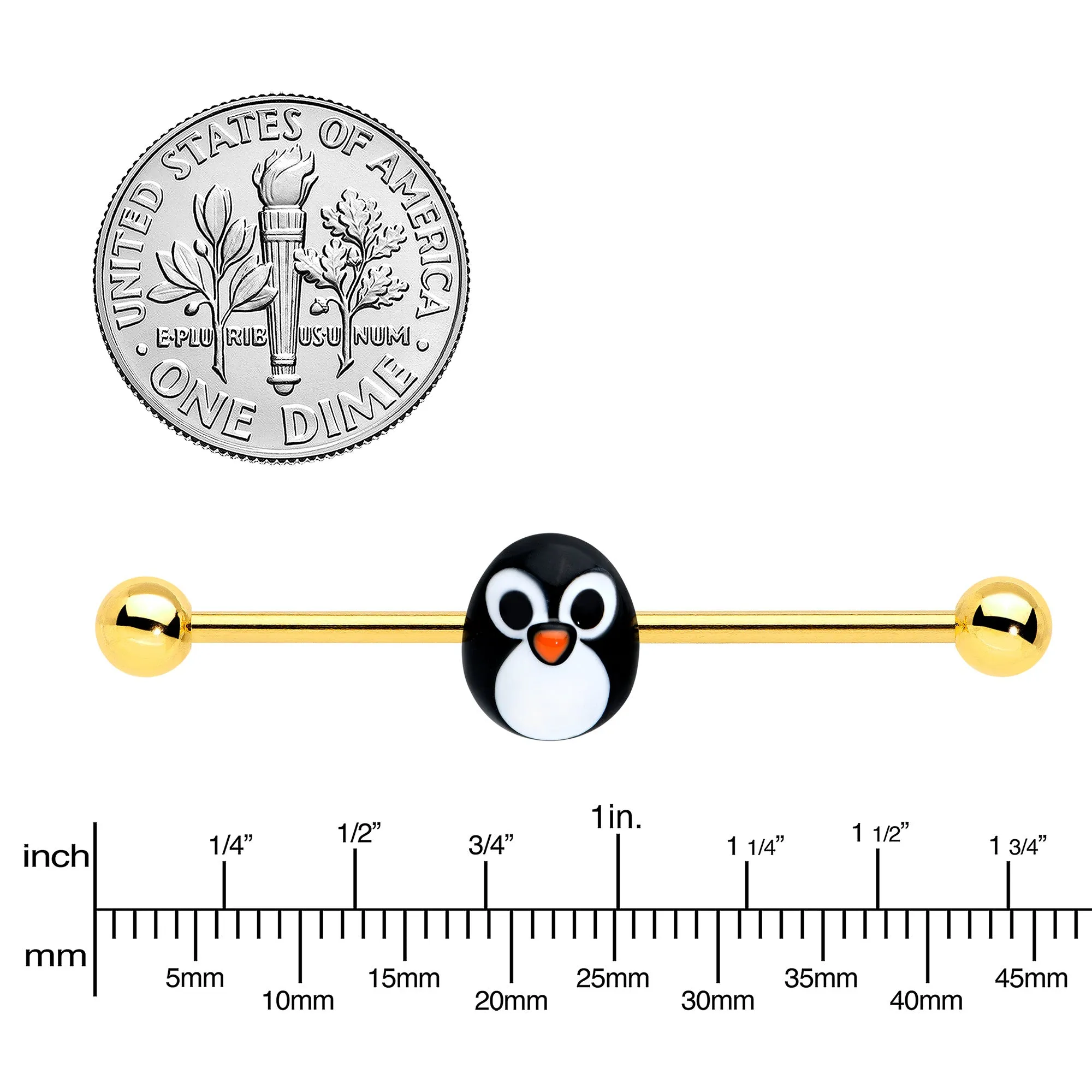 14 Gauge Gold Tone Round Penguin Face Holiday Industrial Barbell 38mm