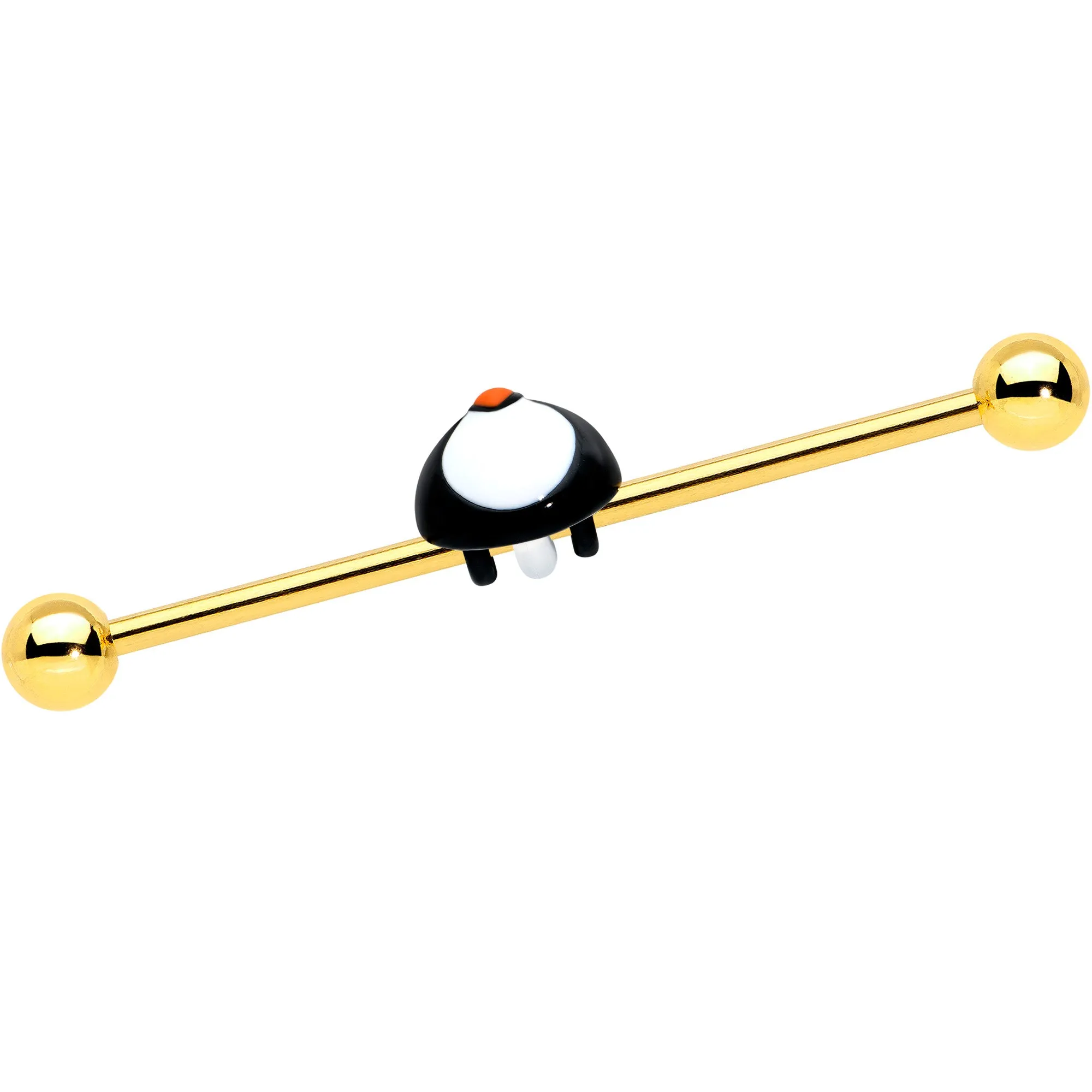 14 Gauge Gold Tone Round Penguin Face Holiday Industrial Barbell 38mm