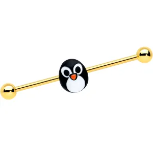 14 Gauge Gold Tone Round Penguin Face Holiday Industrial Barbell 38mm