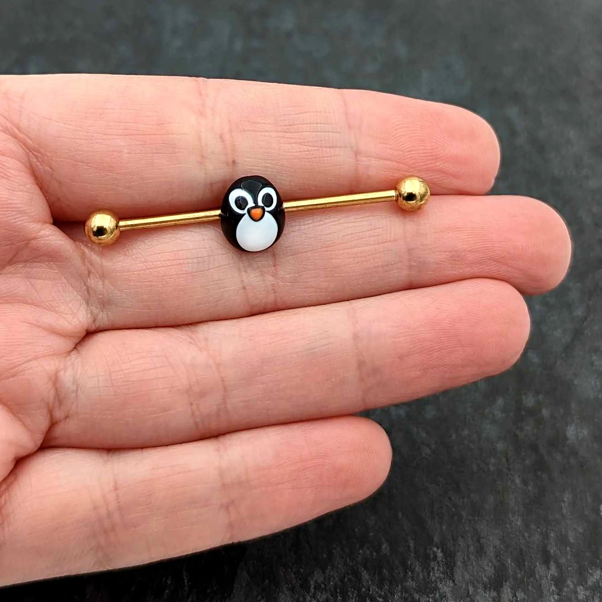 14 Gauge Gold Tone Round Penguin Face Holiday Industrial Barbell 38mm
