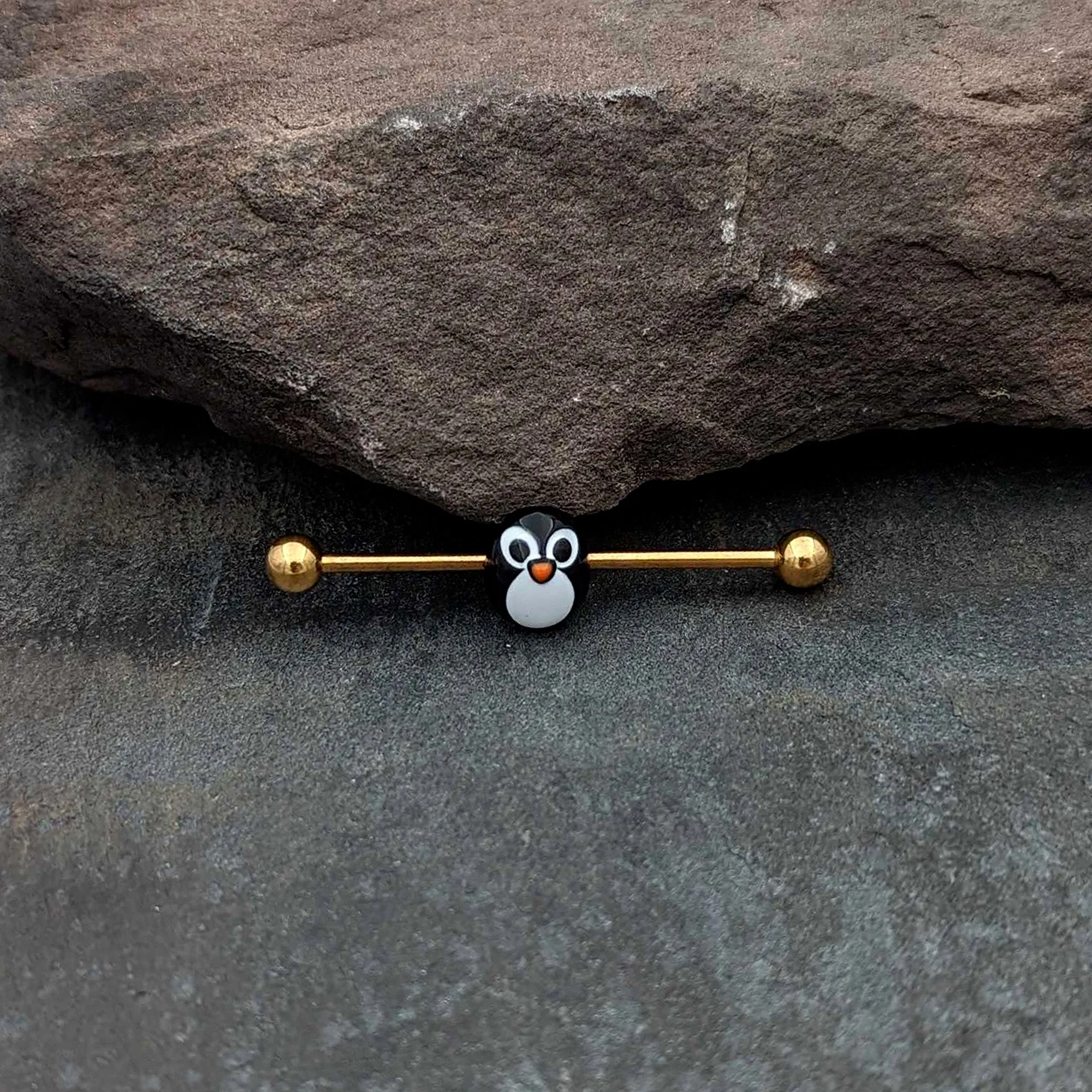 14 Gauge Gold Tone Round Penguin Face Holiday Industrial Barbell 38mm