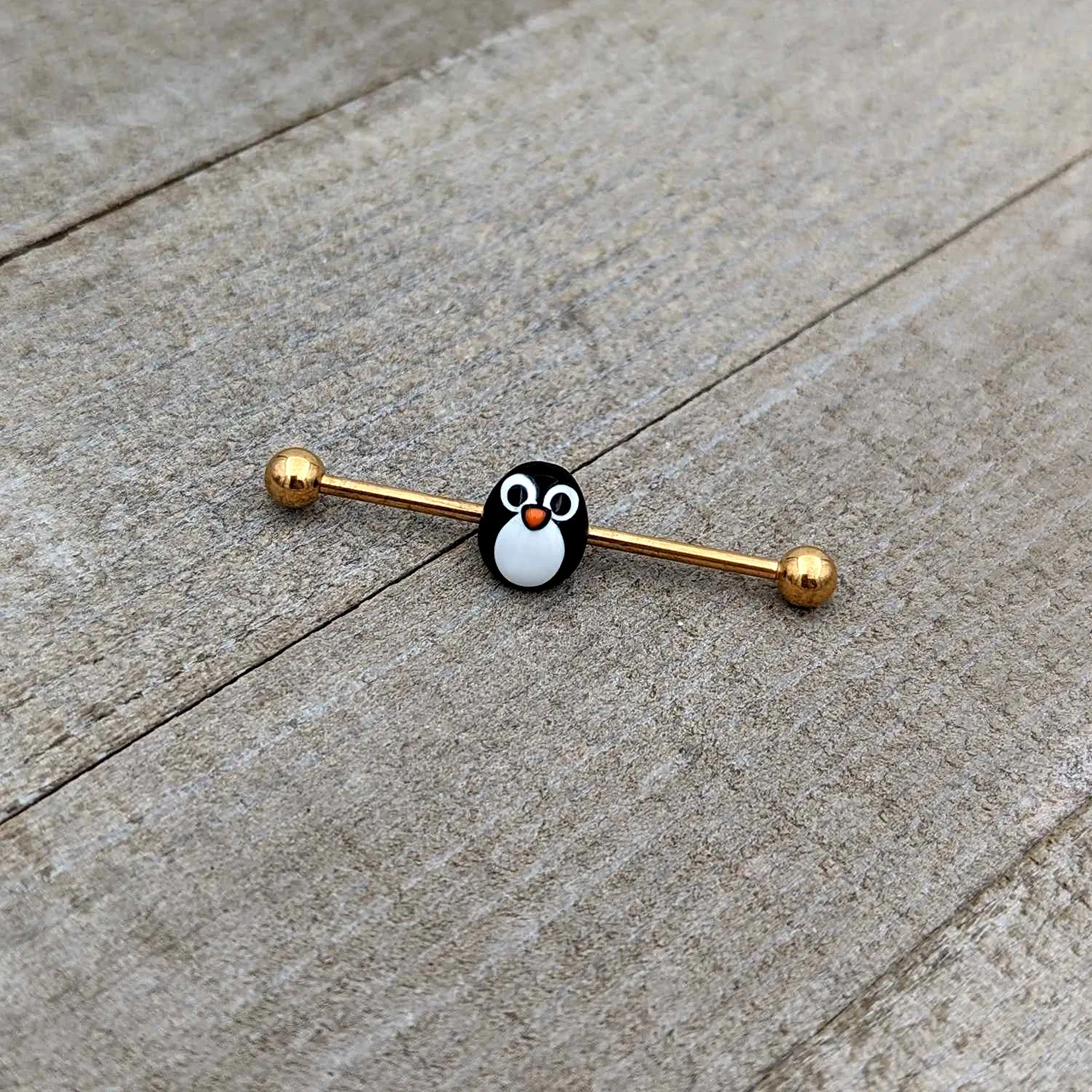 14 Gauge Gold Tone Round Penguin Face Holiday Industrial Barbell 38mm