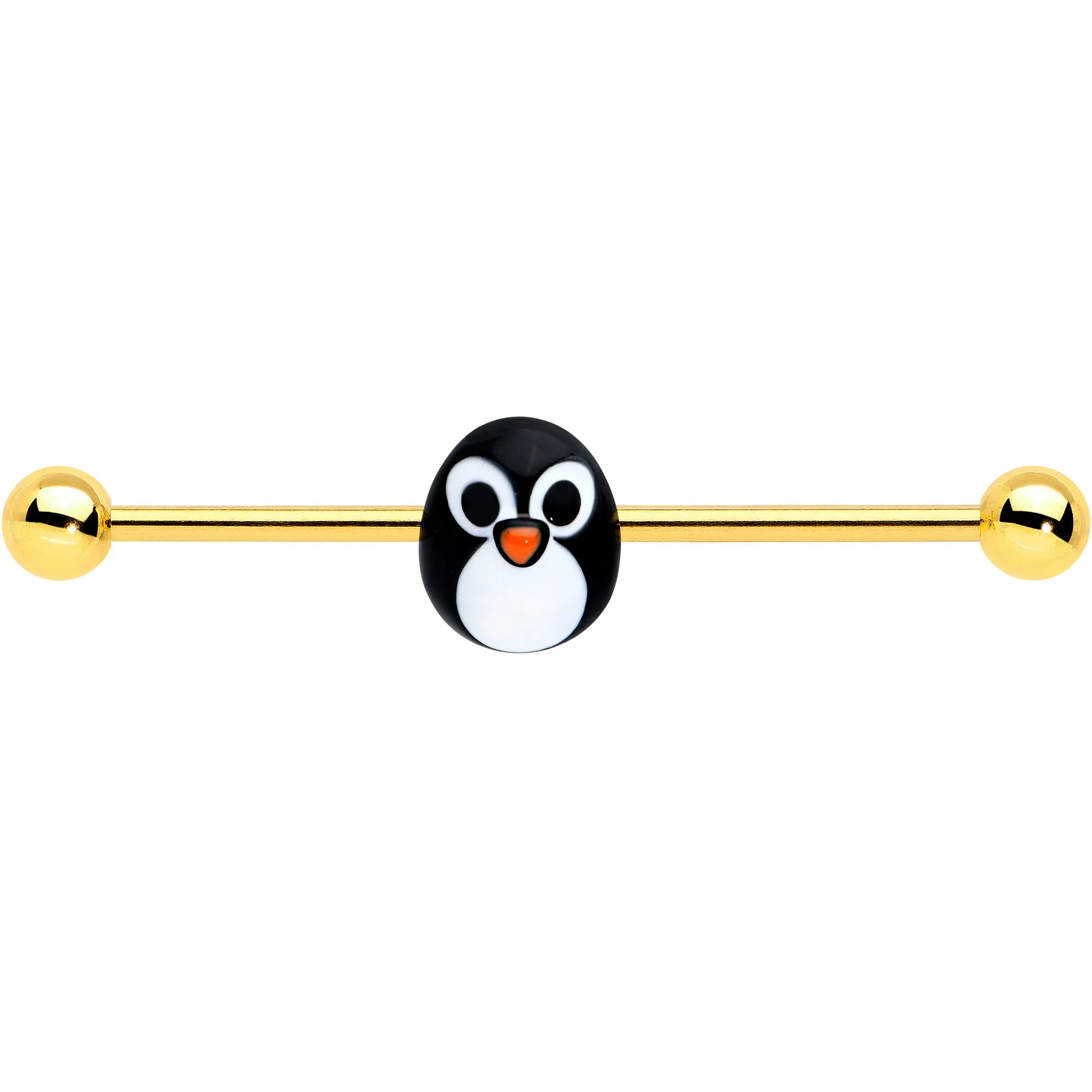 14 Gauge Gold Tone Round Penguin Face Holiday Industrial Barbell 38mm