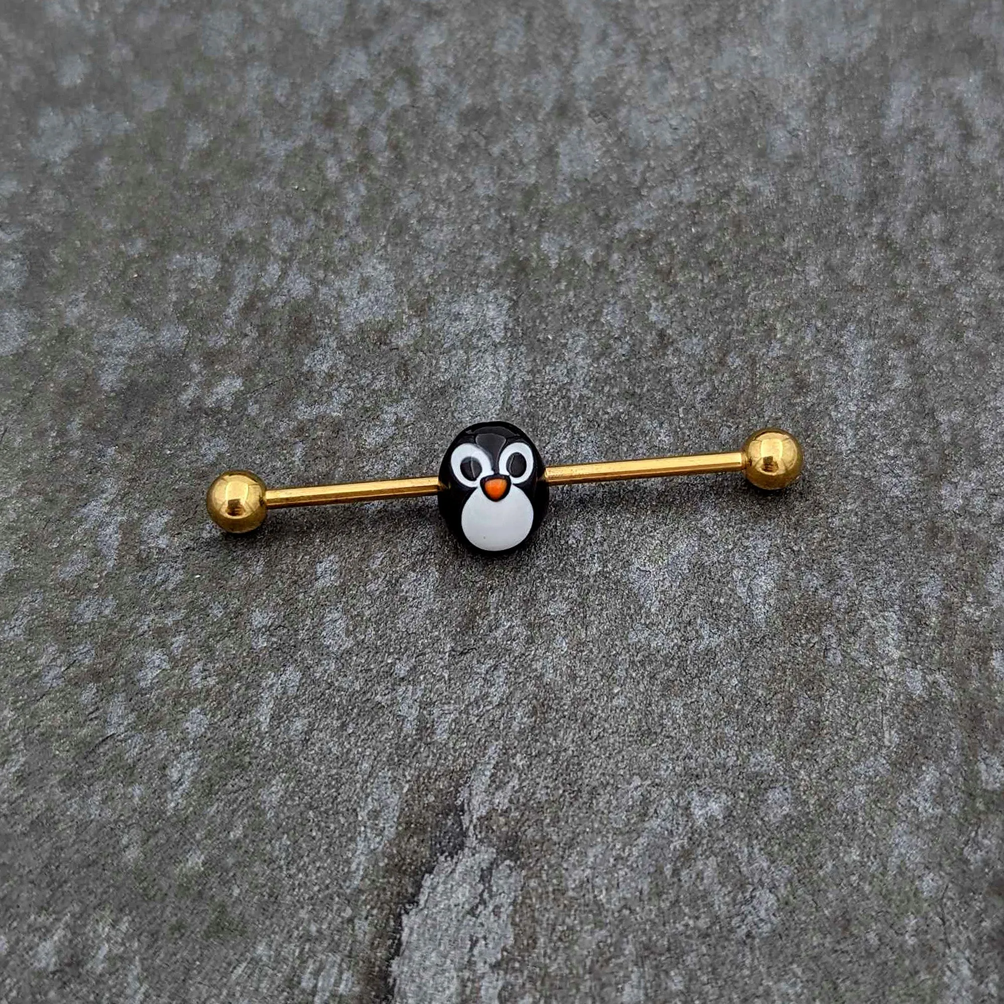 14 Gauge Gold Tone Round Penguin Face Holiday Industrial Barbell 38mm