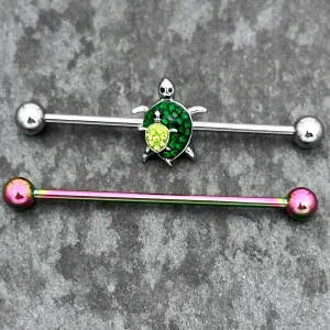 14 Gauge Green Gem Rainbow Turtle World Industrial Barbell 38mm Set of 2