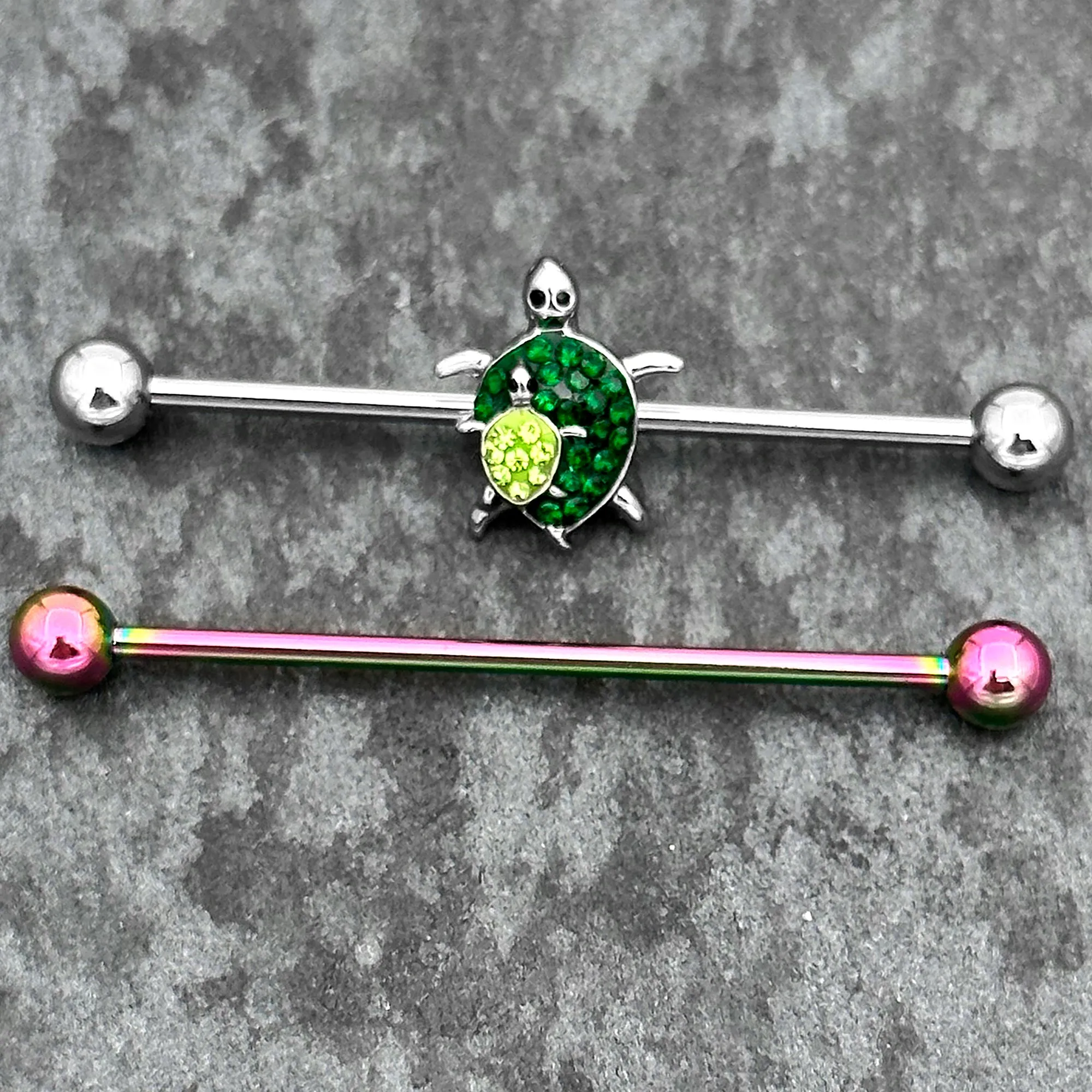 14 Gauge Green Gem Rainbow Turtle World Industrial Barbell 38mm Set of 2