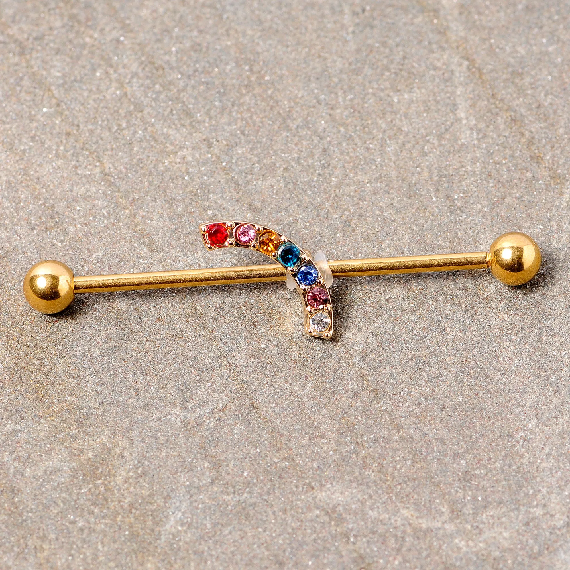 14 Gauge Red Blue Gem Gold Tone Rainbow Arc Industrial Barbell 38mm