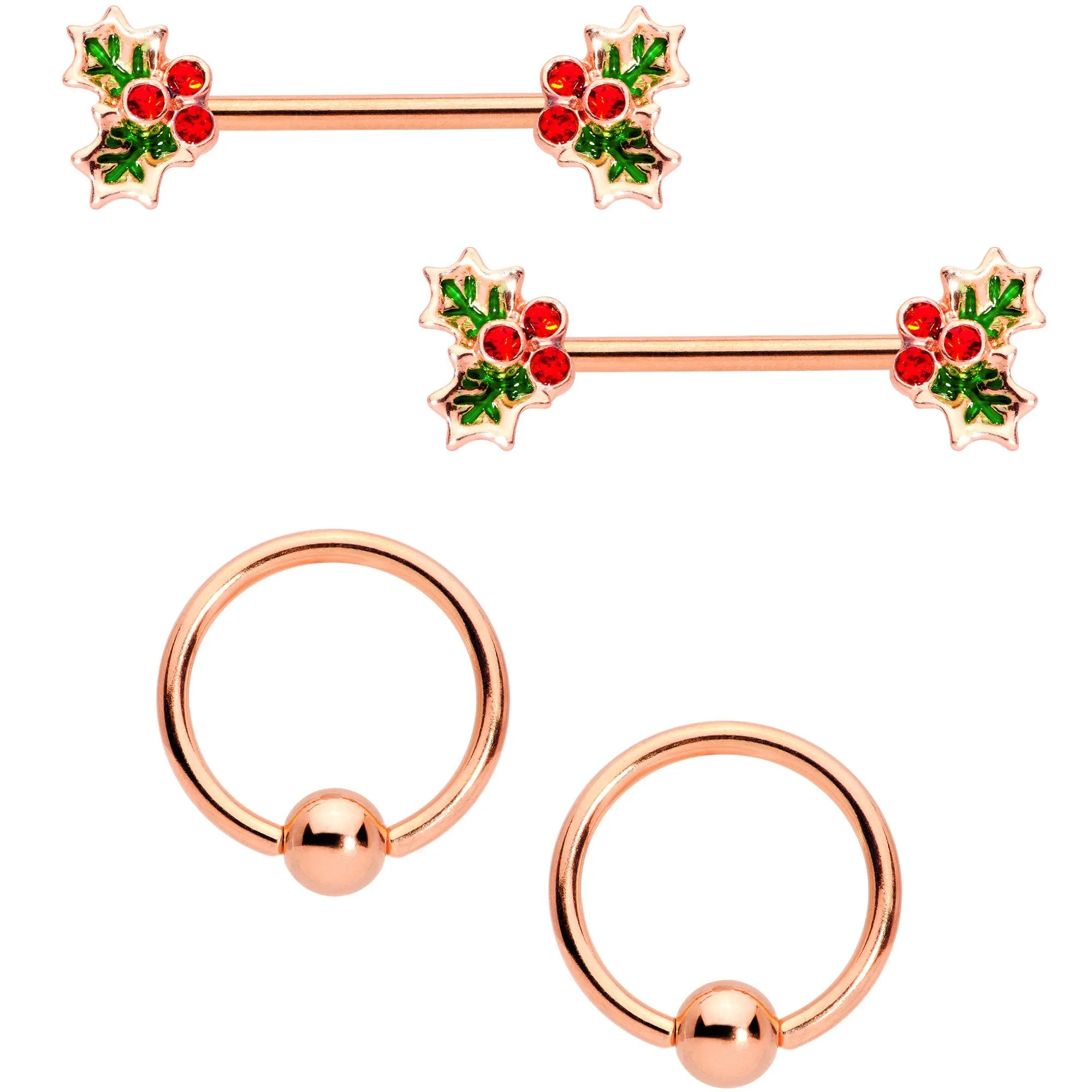 14 Gauge Red Gem Rose Gold Tone Holly Captive Barbell Nipple Ring Set