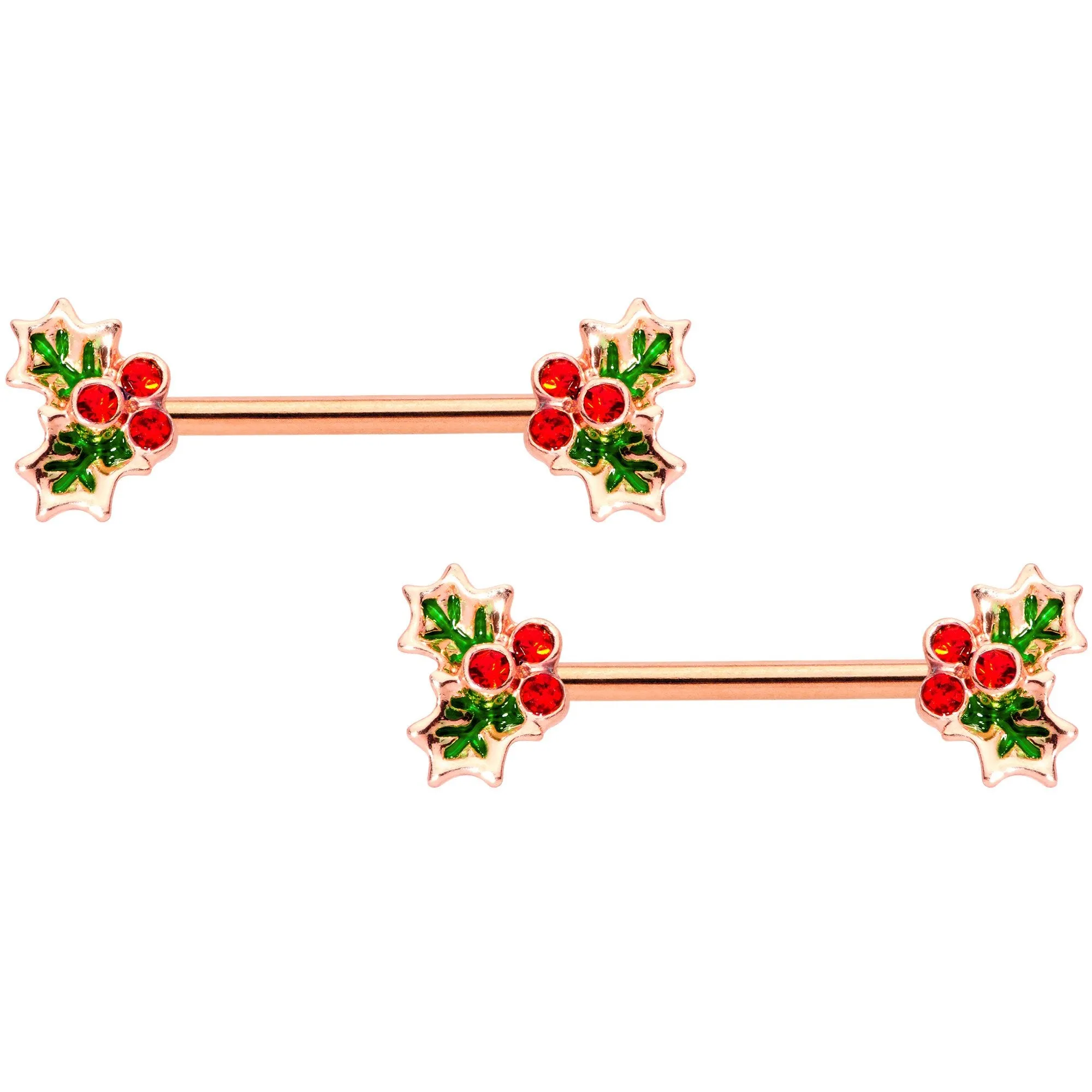 14 Gauge Red Gem Rose Gold Tone Holly Captive Barbell Nipple Ring Set