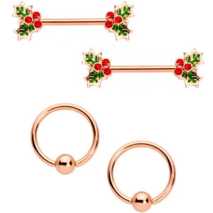 14 Gauge Red Gem Rose Gold Tone Holly Captive Barbell Nipple Ring Set