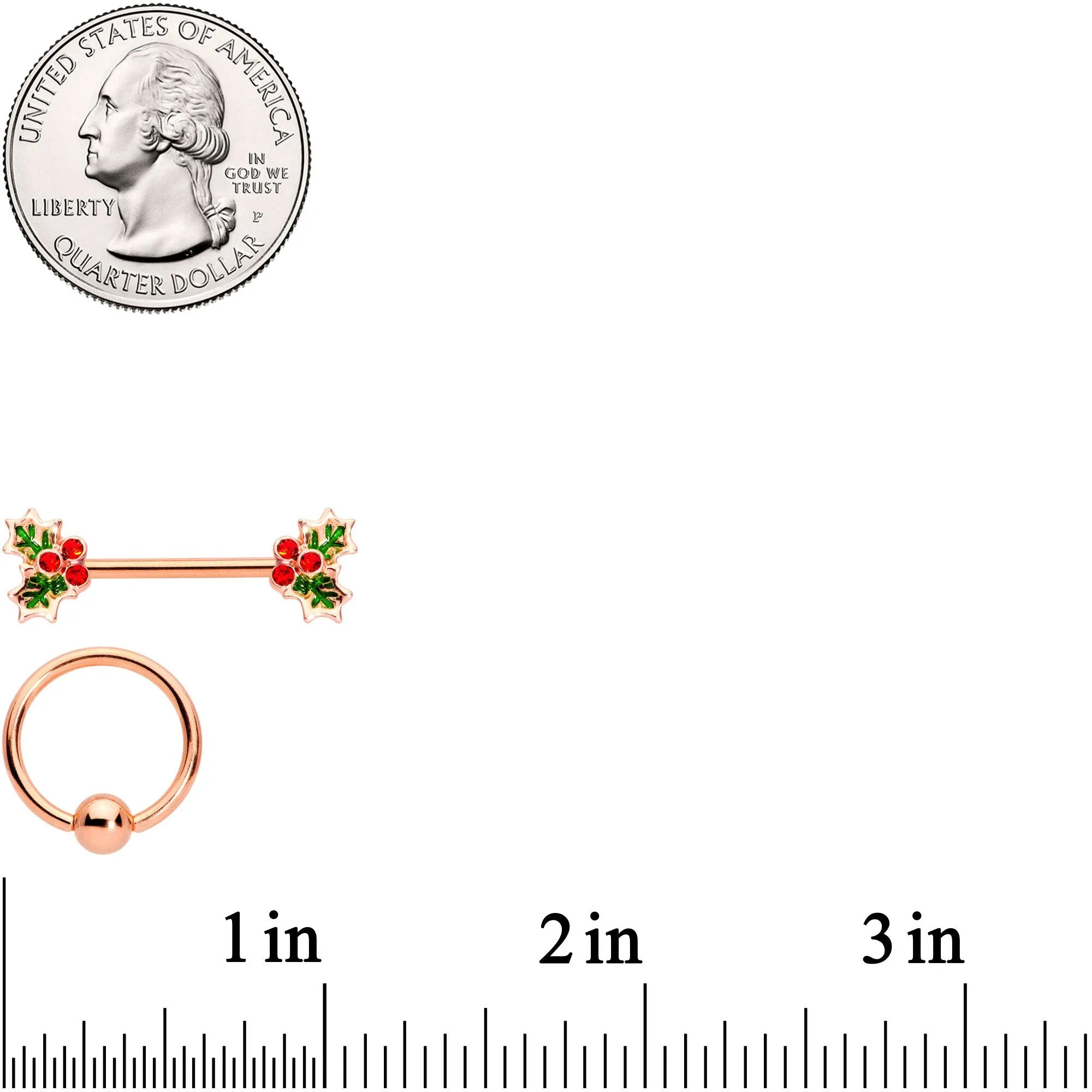 14 Gauge Red Gem Rose Gold Tone Holly Captive Barbell Nipple Ring Set