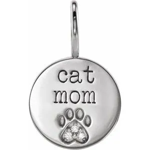 14K White .01 CTW Natural Diamond Engraved Cat Mom Paw Print Charm/Pendant