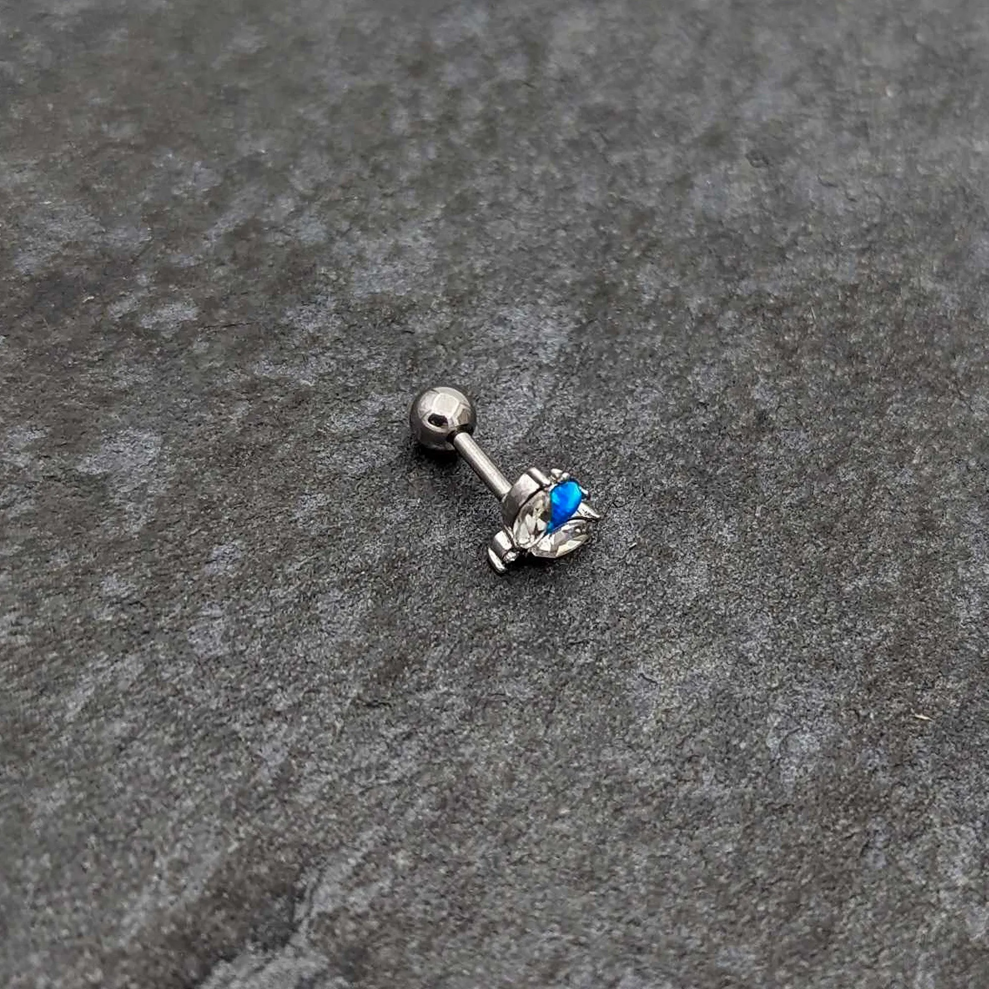 16 Gauge 1/4 Blue Synthetic Opal Style Flower Cartilage Tragus Earring