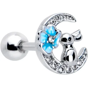 16 Gauge 1/4 Clear CZ Gem Rabbit On The Moon Blue Cartilage Earring