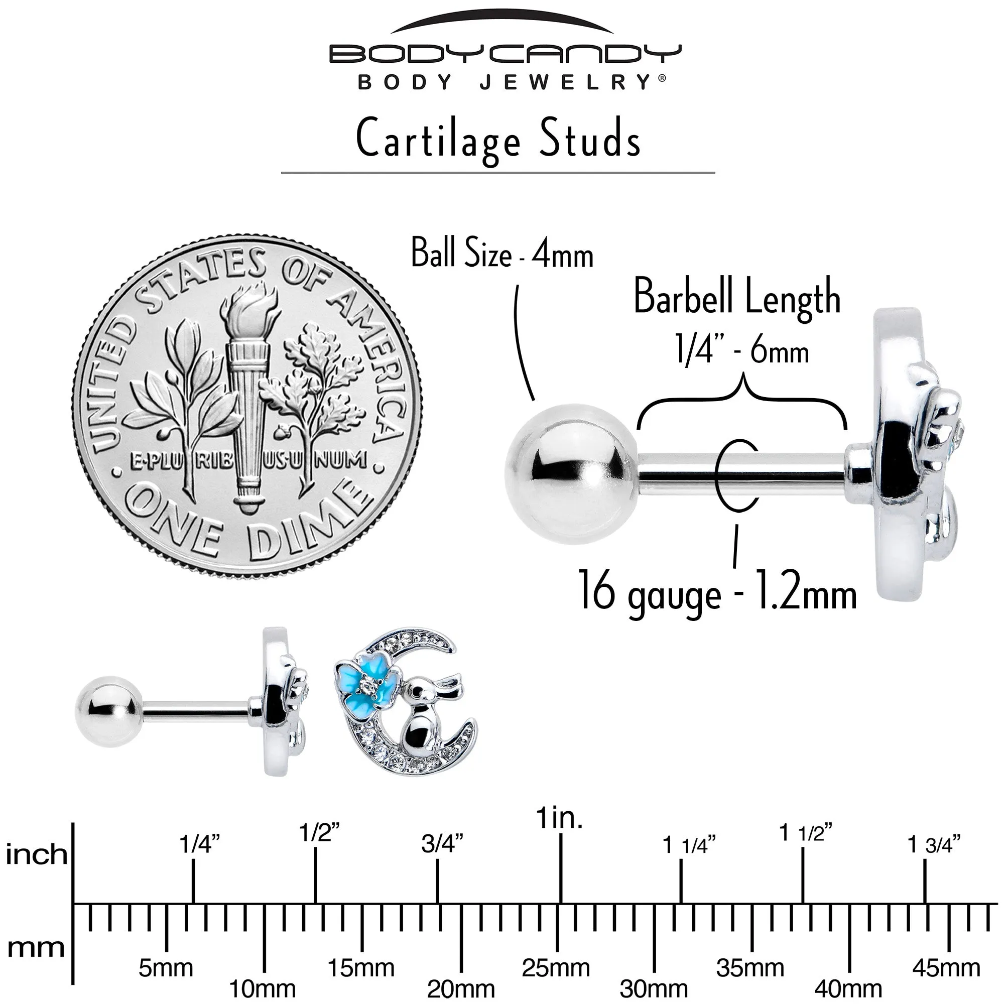 16 Gauge 1/4 Clear CZ Gem Rabbit On The Moon Blue Cartilage Earring