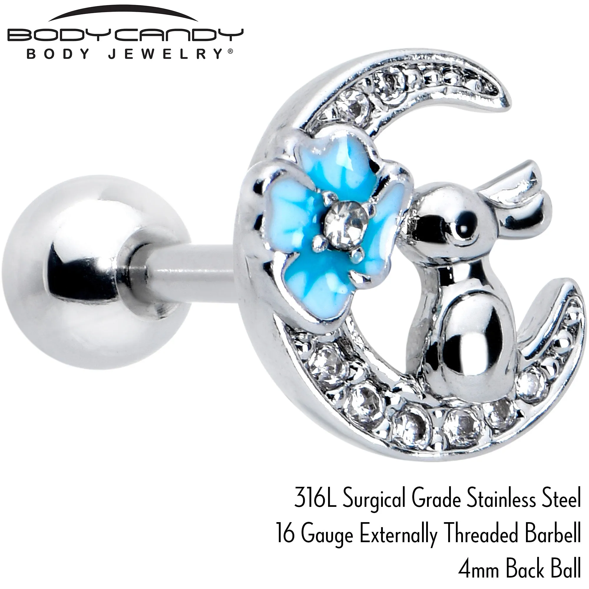 16 Gauge 1/4 Clear CZ Gem Rabbit On The Moon Blue Cartilage Earring